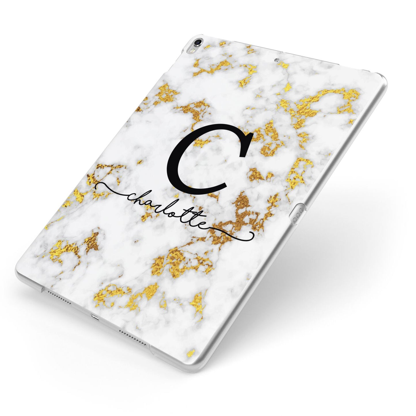 Initialled White Gold Marble with Name Apple iPad Case on Silver iPad Side View