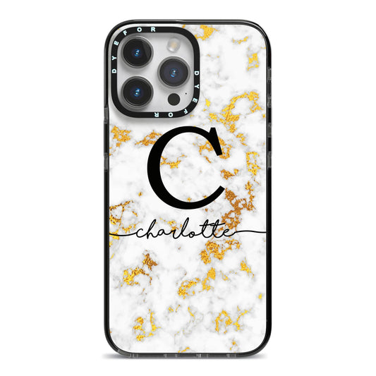 Initialled White Gold Marble with Name iPhone 14 Pro Max Black Impact Case on Silver phone