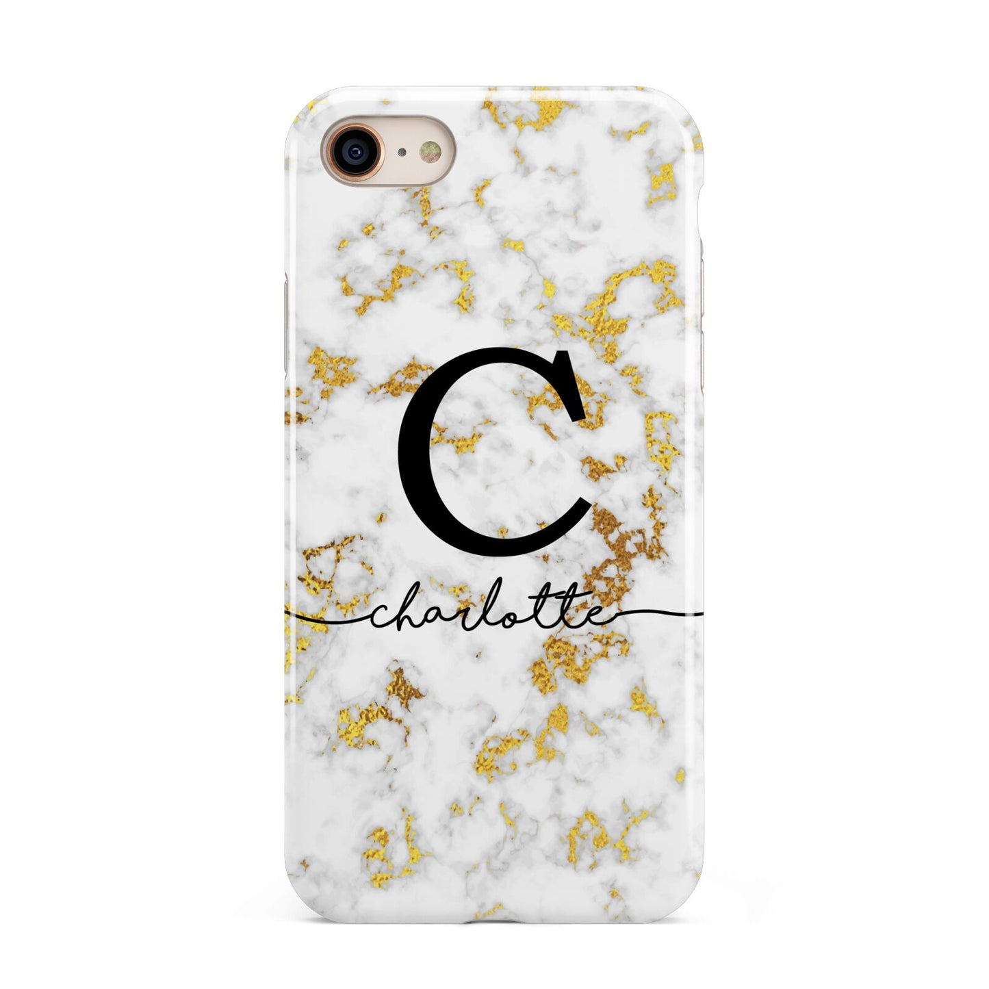 Initialled White Gold Marble with Name iPhone 8 3D Tough Case on Gold Phone