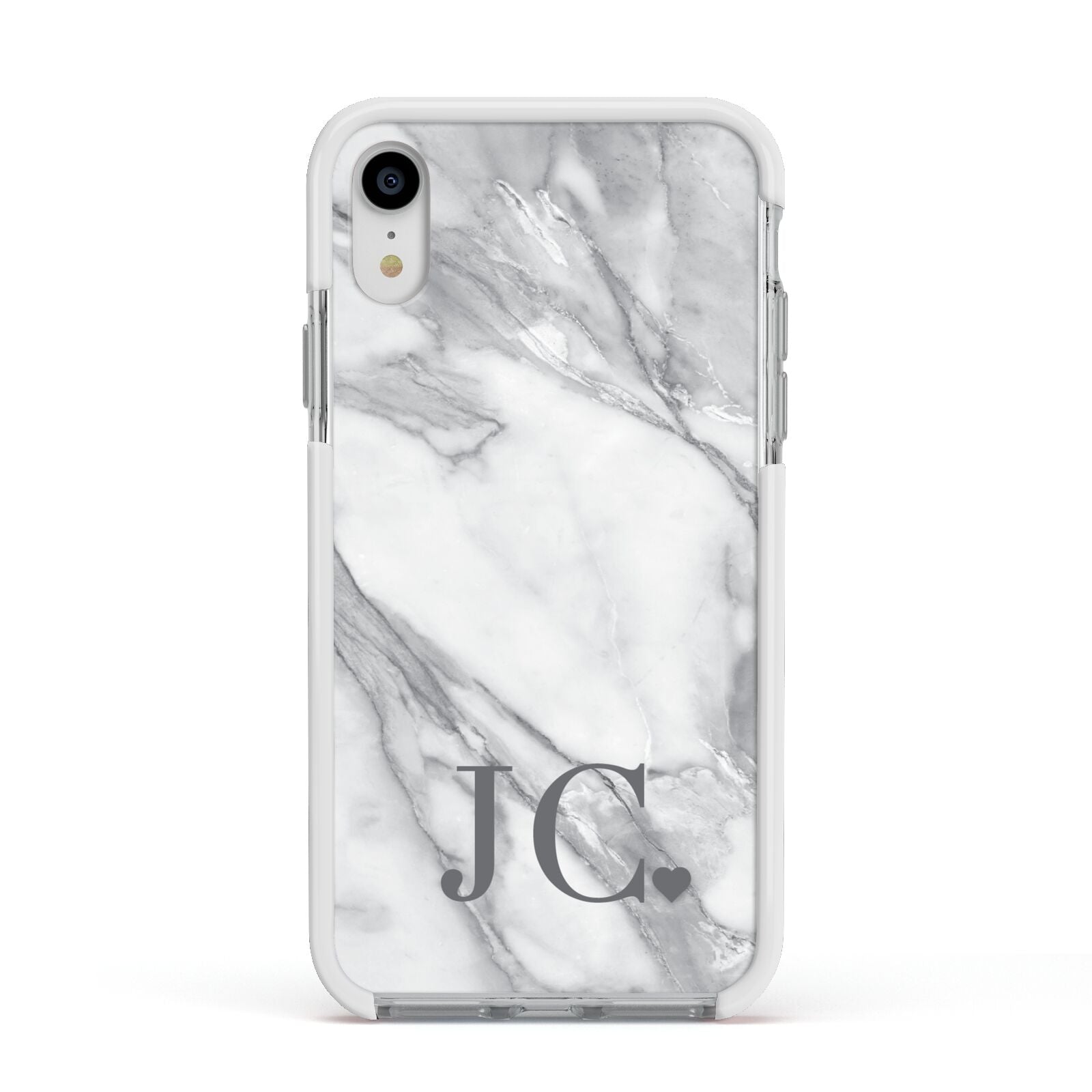 Initials Love Heart Apple iPhone XR Impact Case White Edge on Silver Phone