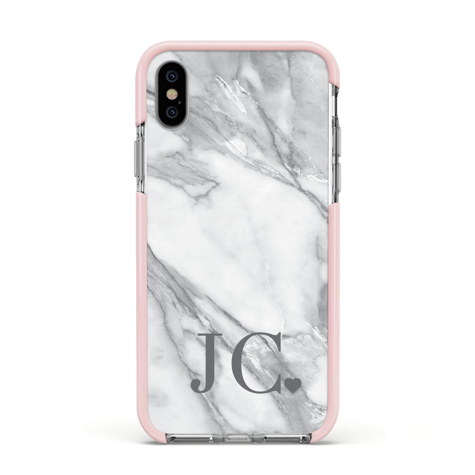 Initials Love Heart Apple iPhone Xs Impact Case Pink Edge on Silver Phone