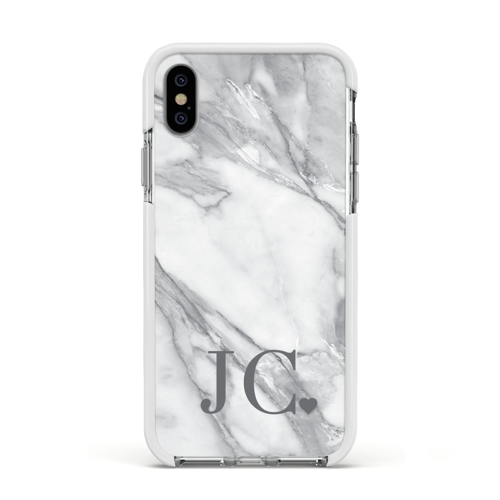 Initials Love Heart Apple iPhone Xs Impact Case White Edge on Silver Phone