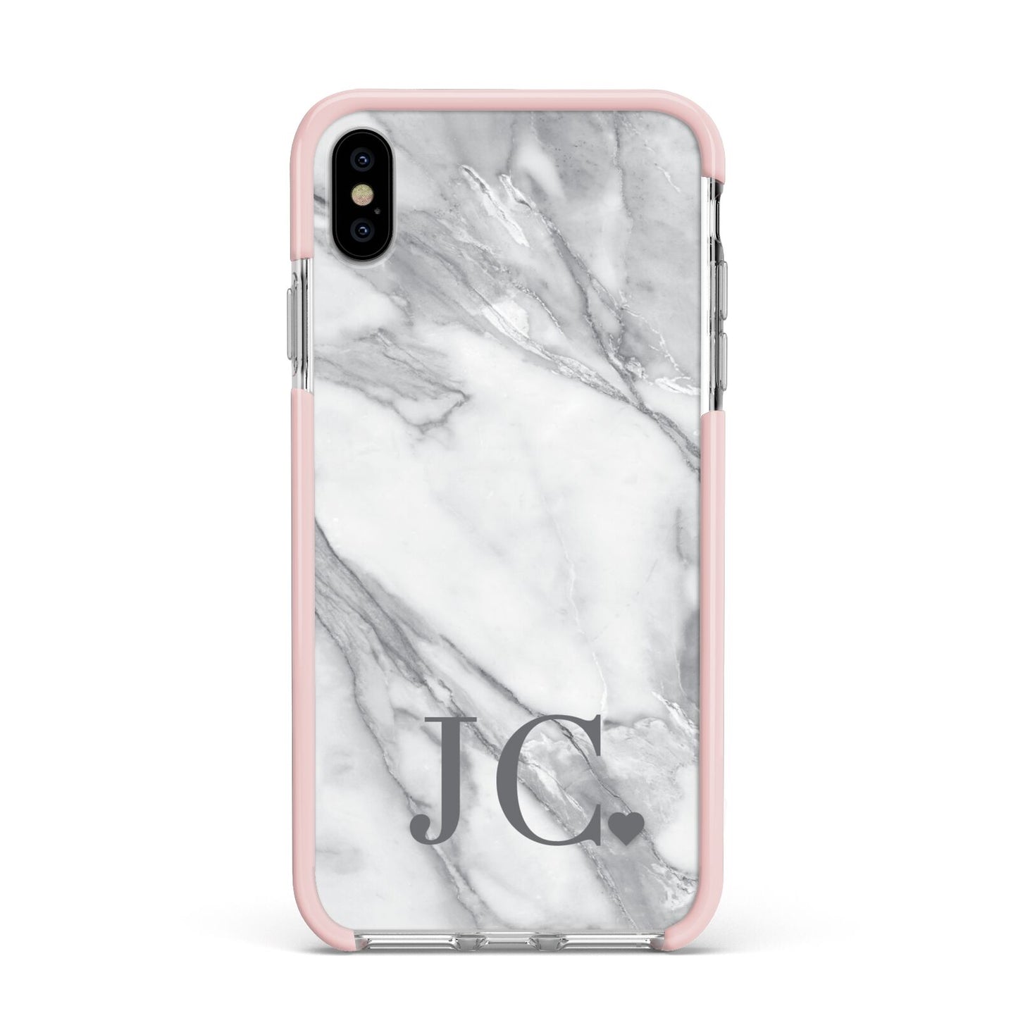 Initials Love Heart Apple iPhone Xs Max Impact Case Pink Edge on Silver Phone