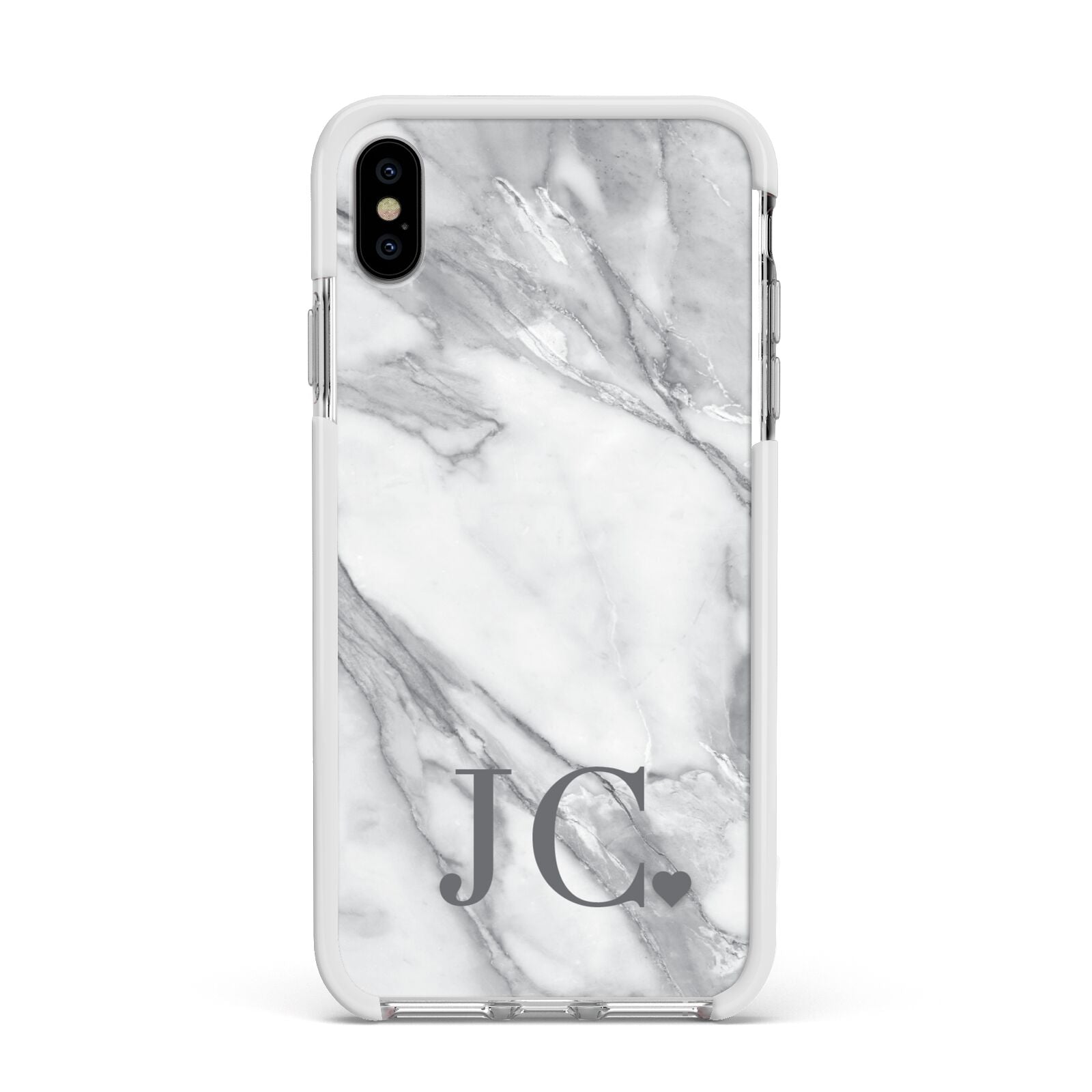 Initials Love Heart Apple iPhone Xs Max Impact Case White Edge on Silver Phone