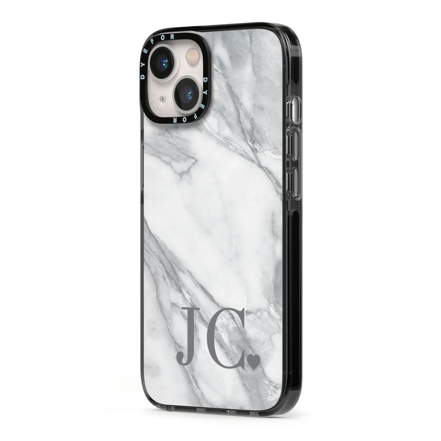 Initials Love Heart iPhone 13 Black Impact Case Side Angle on Silver phone