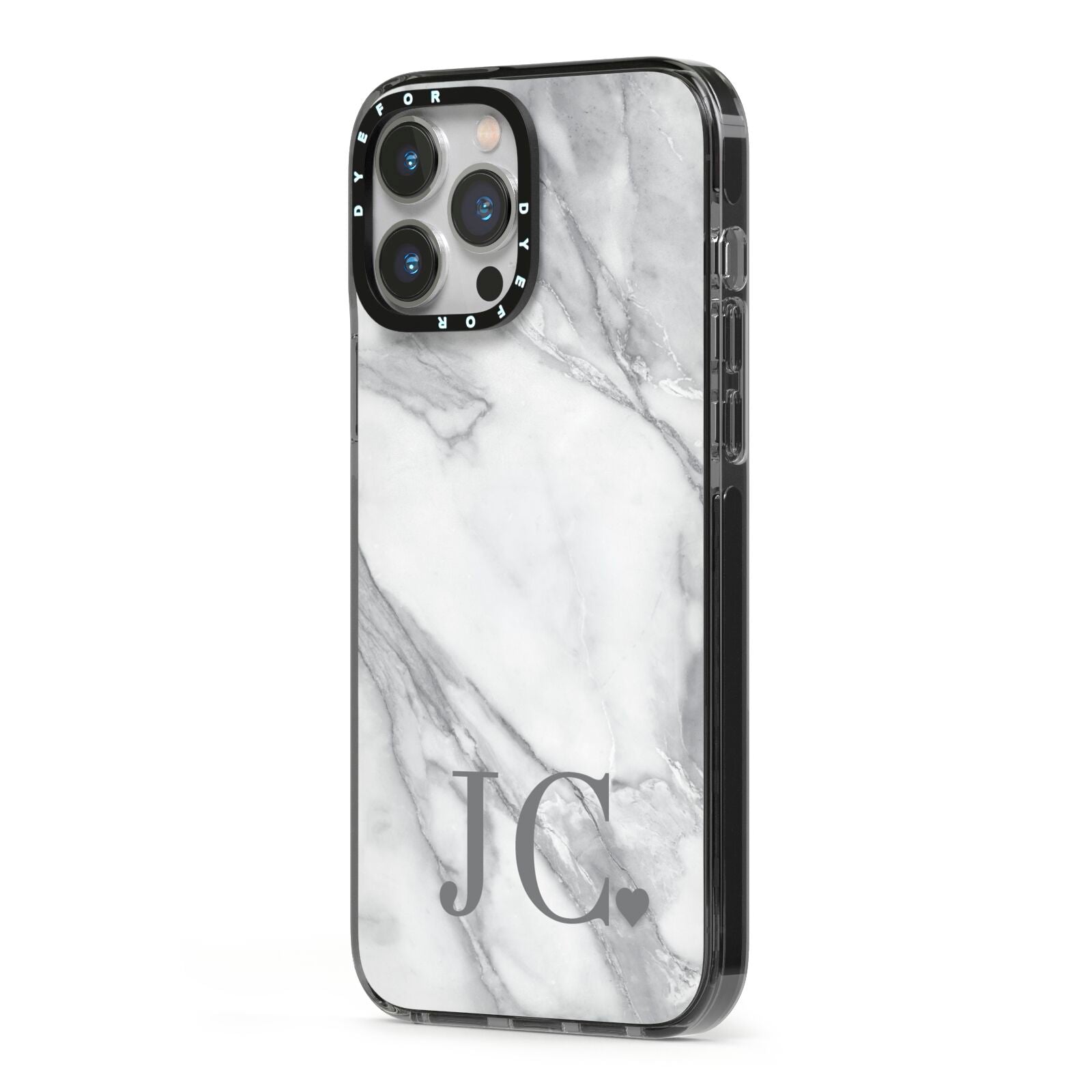 Initials Love Heart iPhone 13 Pro Max Black Impact Case Side Angle on Silver phone