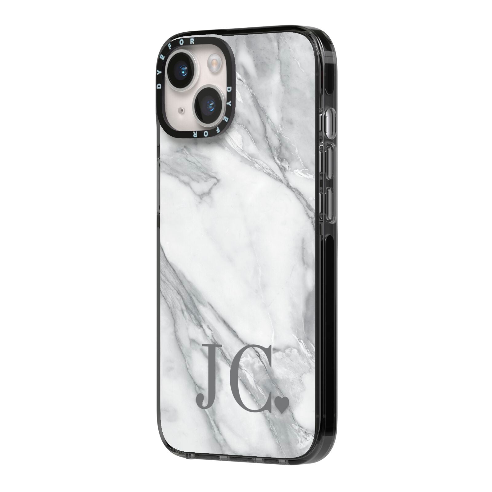 Initials Love Heart iPhone 14 Black Impact Case Side Angle on Silver phone