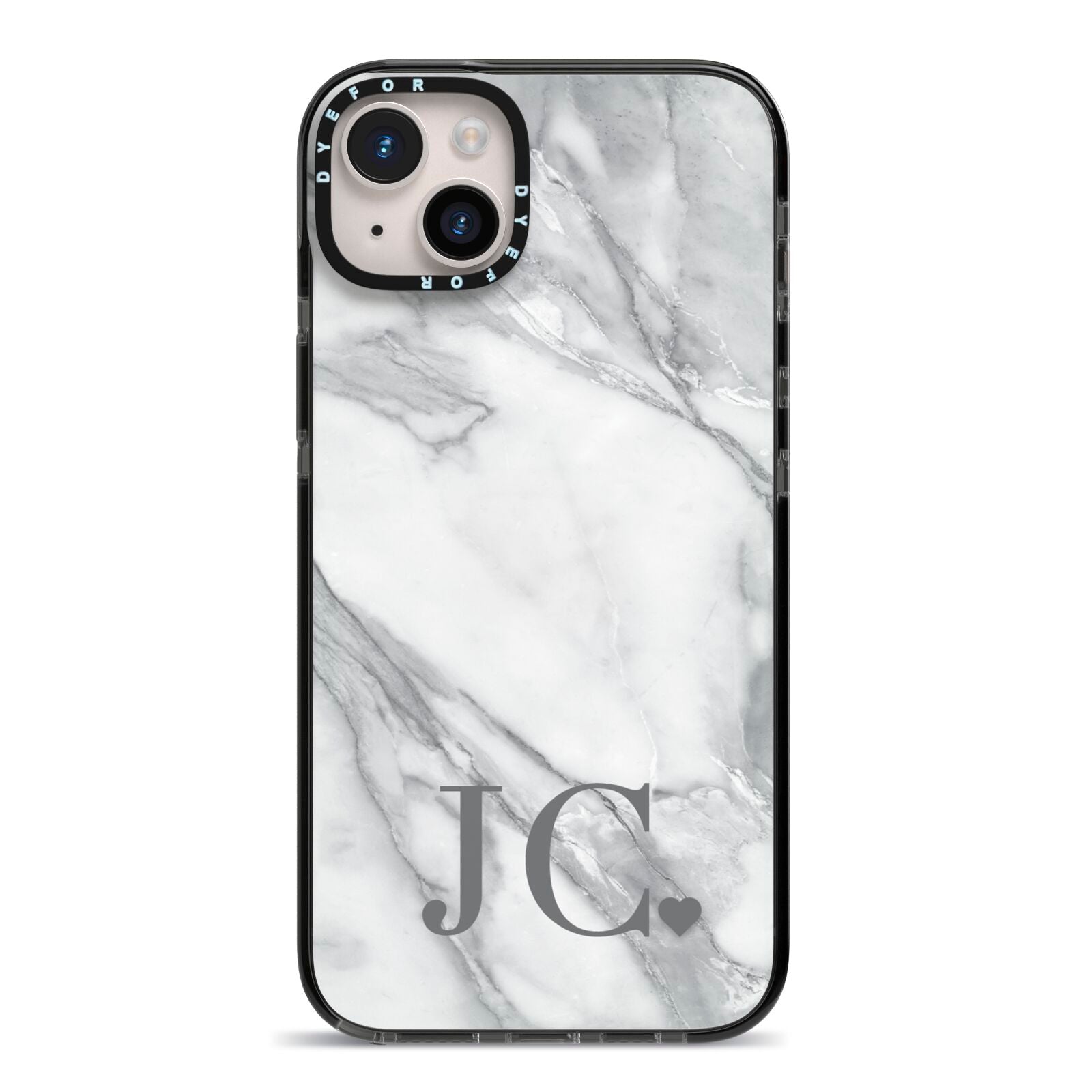 Initials Love Heart iPhone 14 Plus Black Impact Case on Silver phone