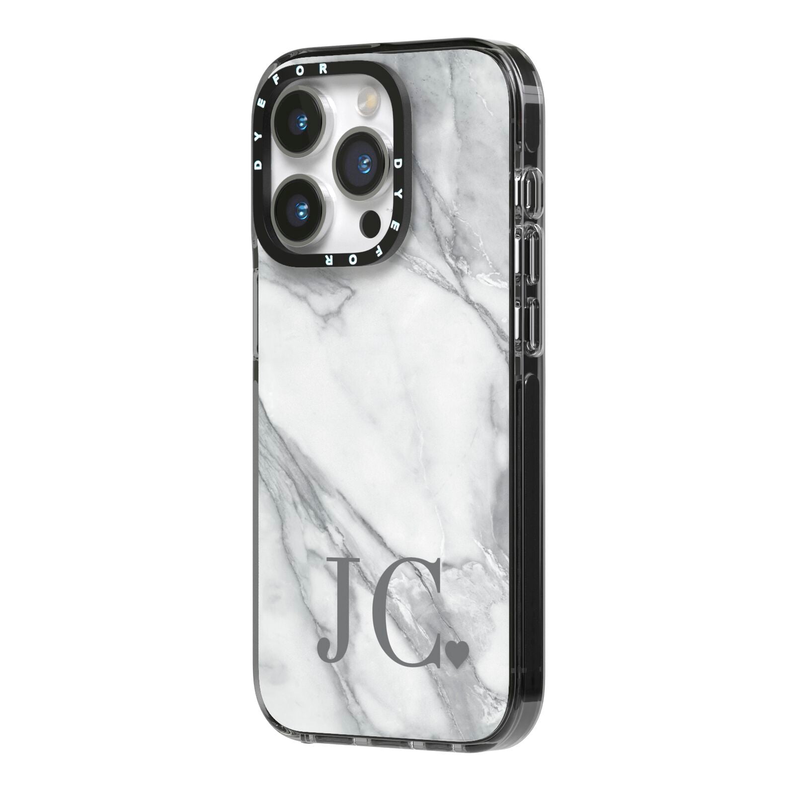 Initials Love Heart iPhone 14 Pro Black Impact Case Side Angle on Silver phone