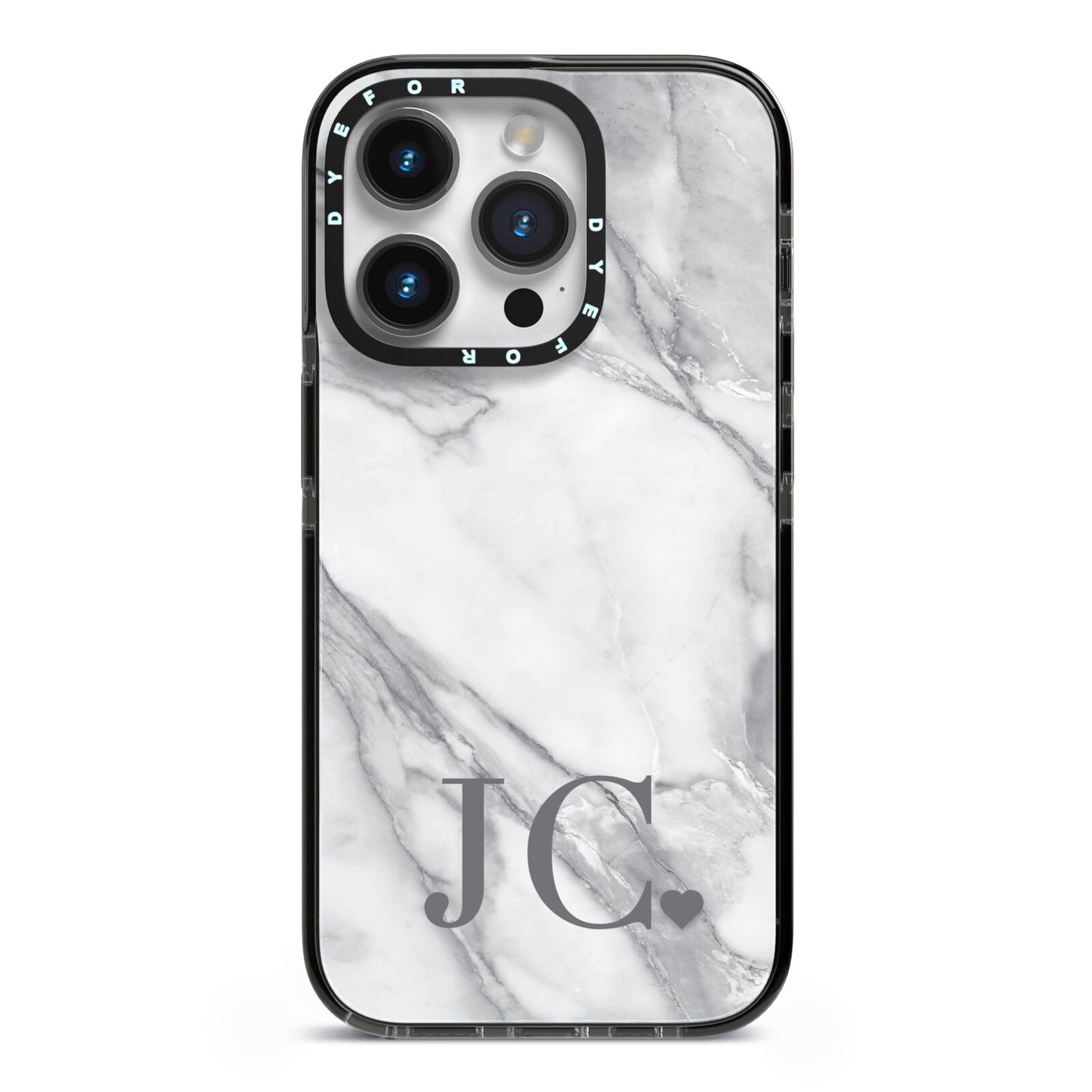 Initials Love Heart iPhone 14 Pro Black Impact Case on Silver phone