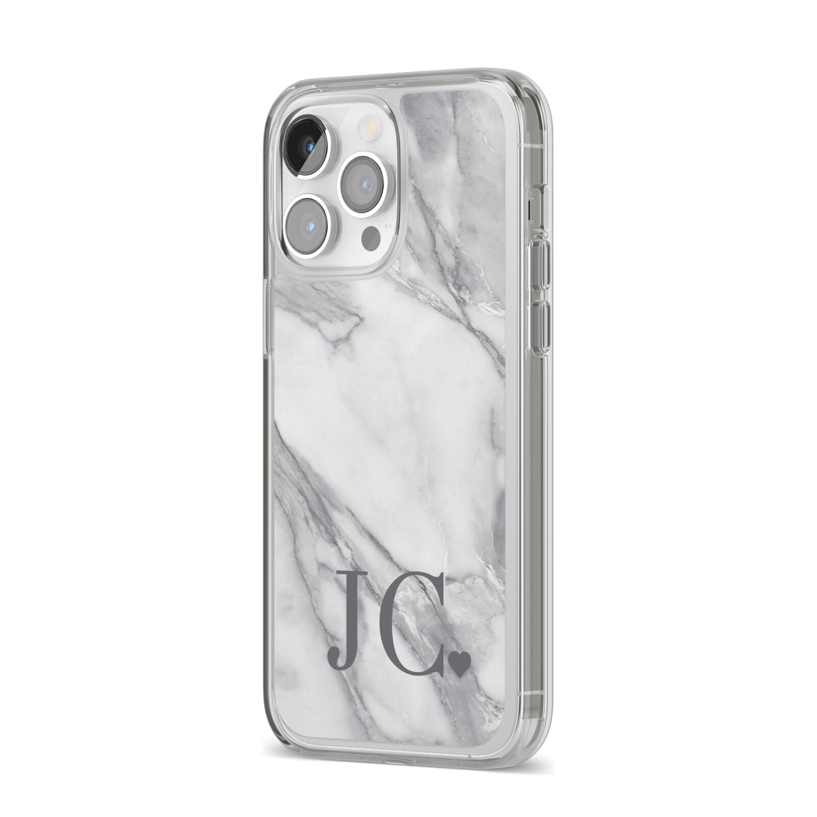 Initials Love Heart iPhone 14 Pro Max Clear Tough Case Silver Angled Image