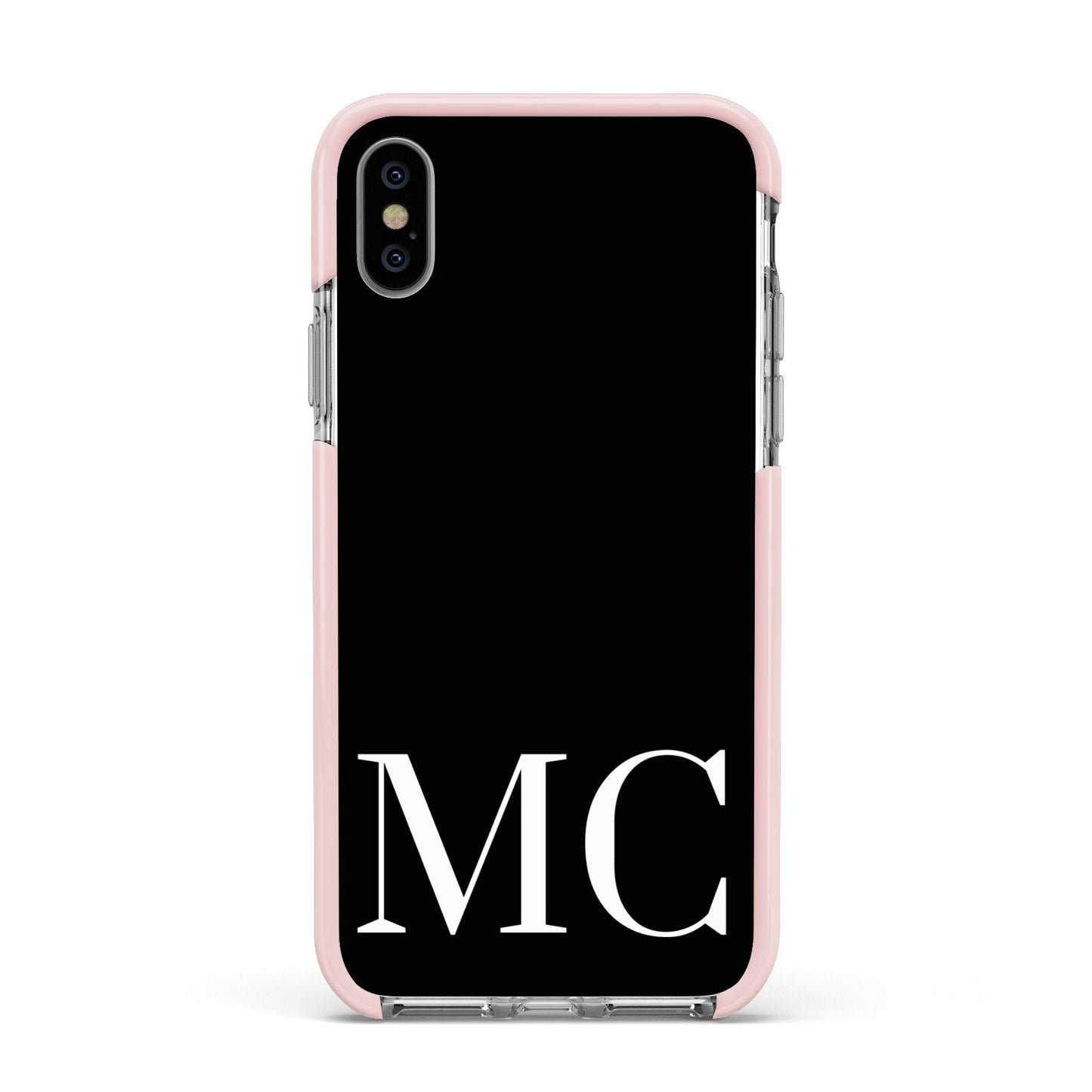 Initials Personalised 1 Apple iPhone Xs Impact Case Pink Edge on Silver Phone