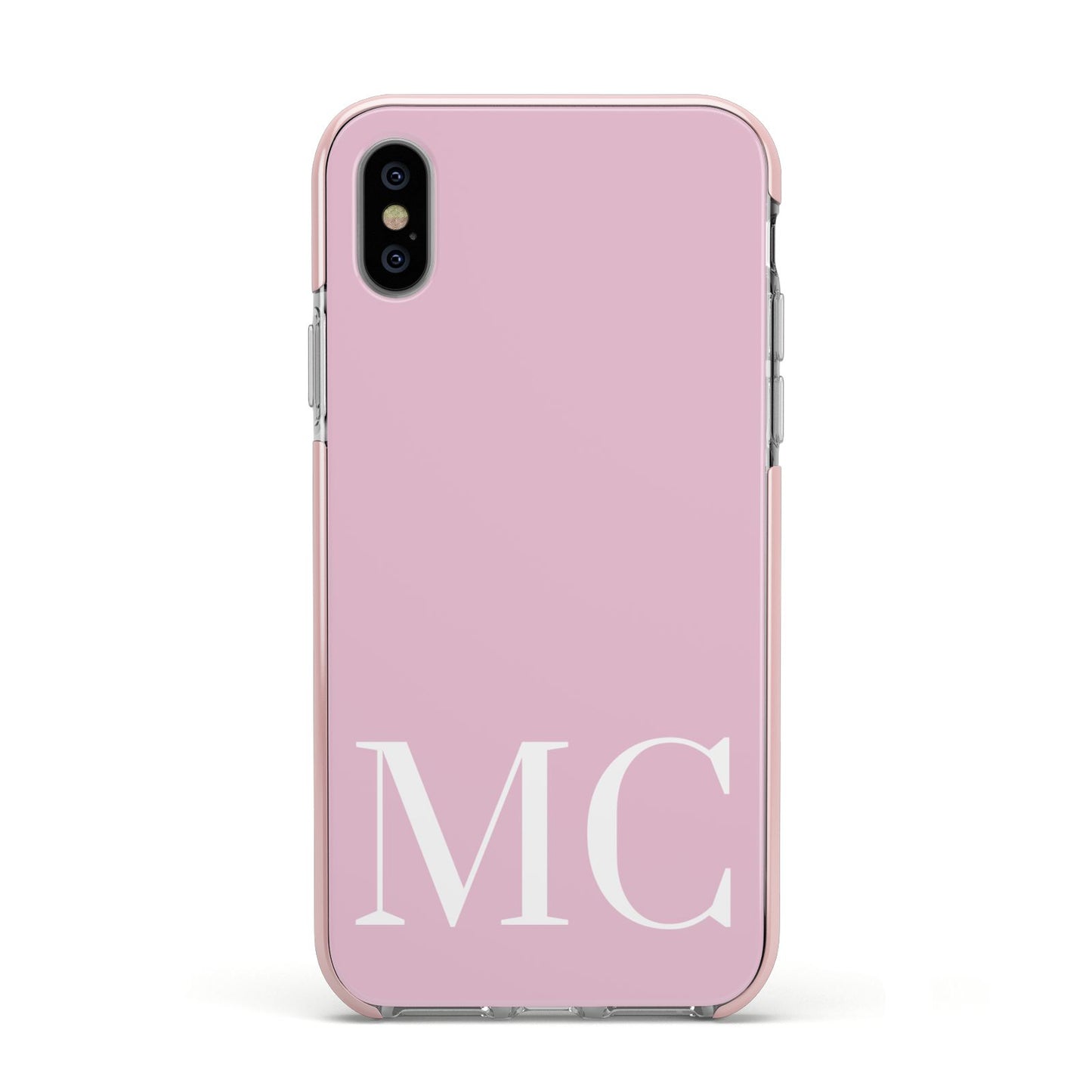 Initials Personalised 2 Apple iPhone Xs Impact Case Pink Edge on Silver Phone