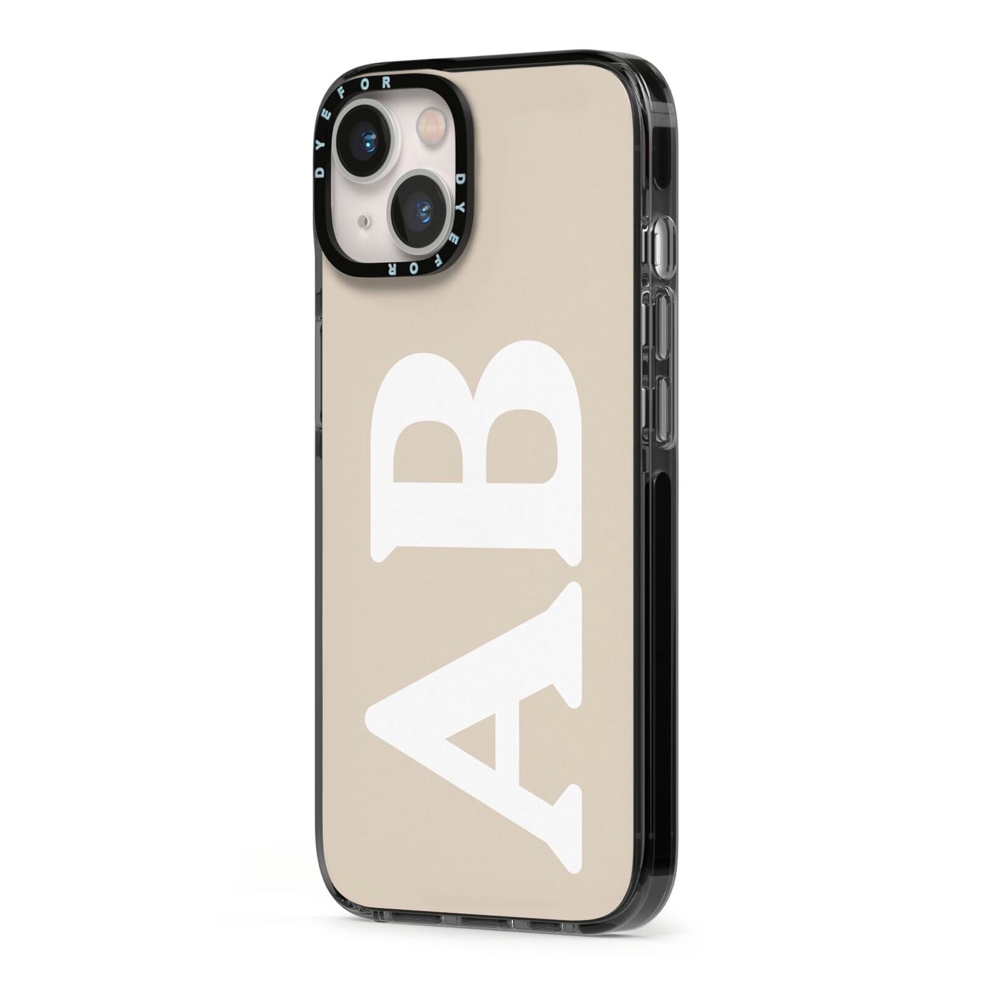 Initials iPhone 13 Black Impact Case Side Angle on Silver phone
