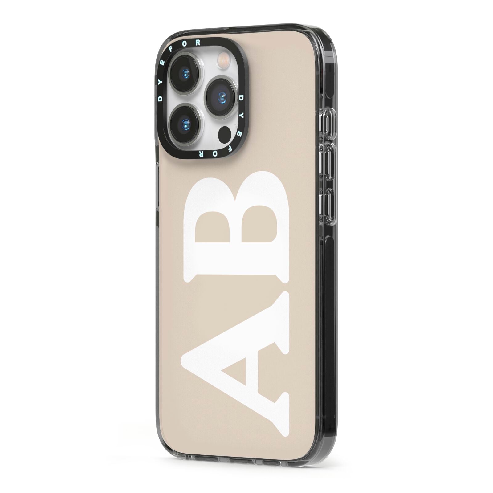 Initials iPhone 13 Pro Black Impact Case Side Angle on Silver phone