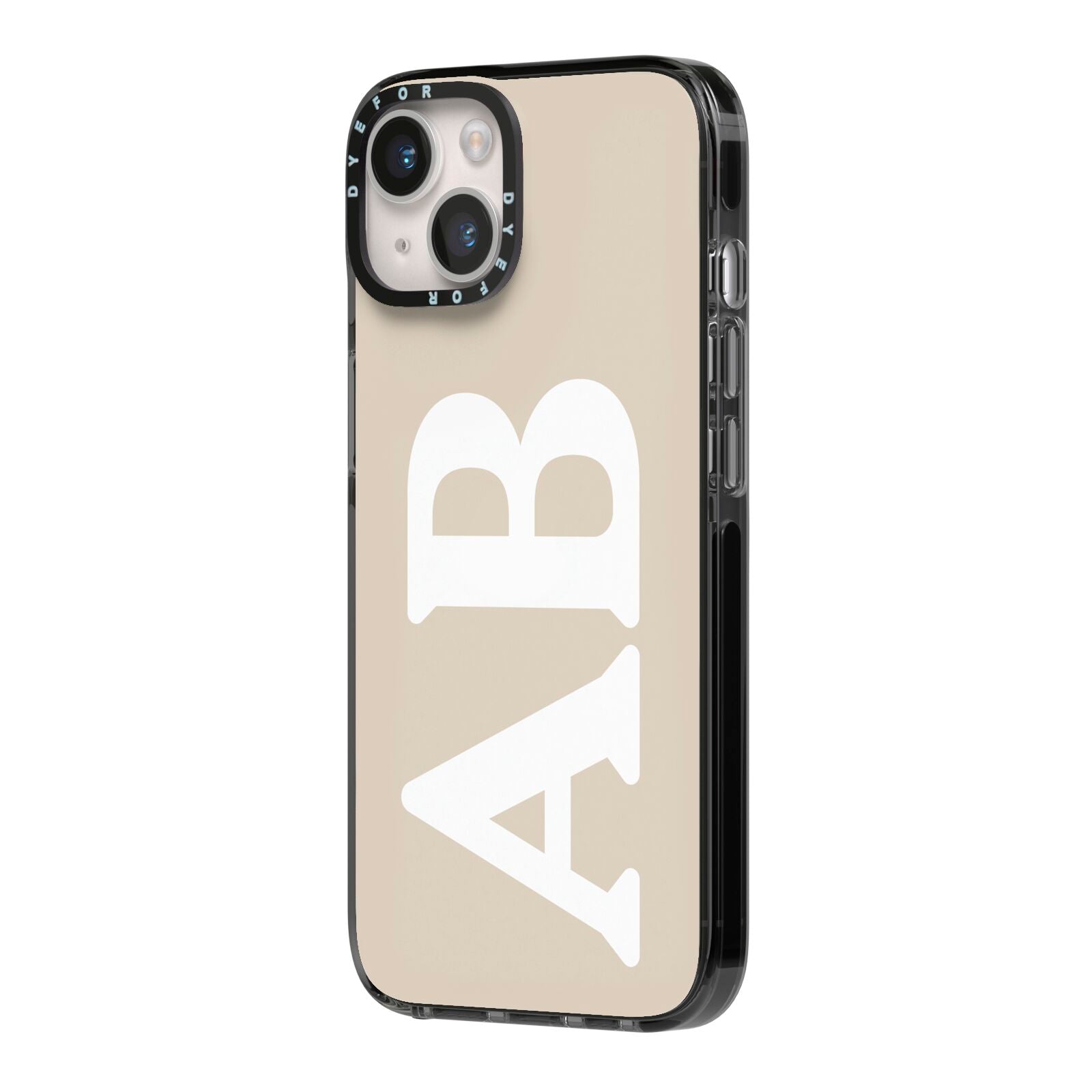 Initials iPhone 14 Black Impact Case Side Angle on Silver phone