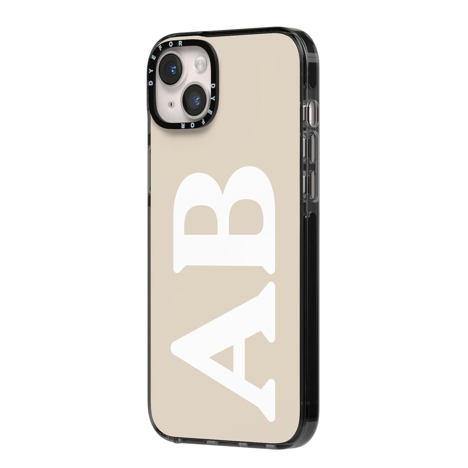 Initials iPhone 14 Plus Black Impact Case Side Angle on Silver phone