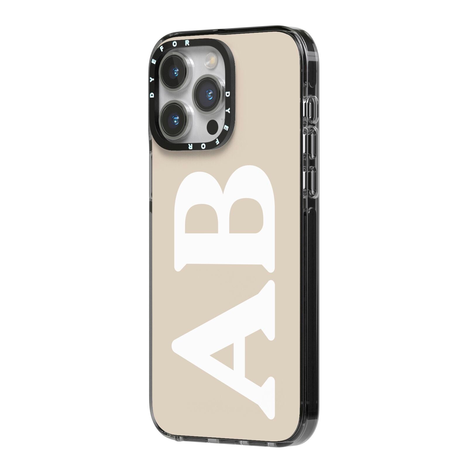Initials iPhone 14 Pro Max Black Impact Case Side Angle on Silver phone