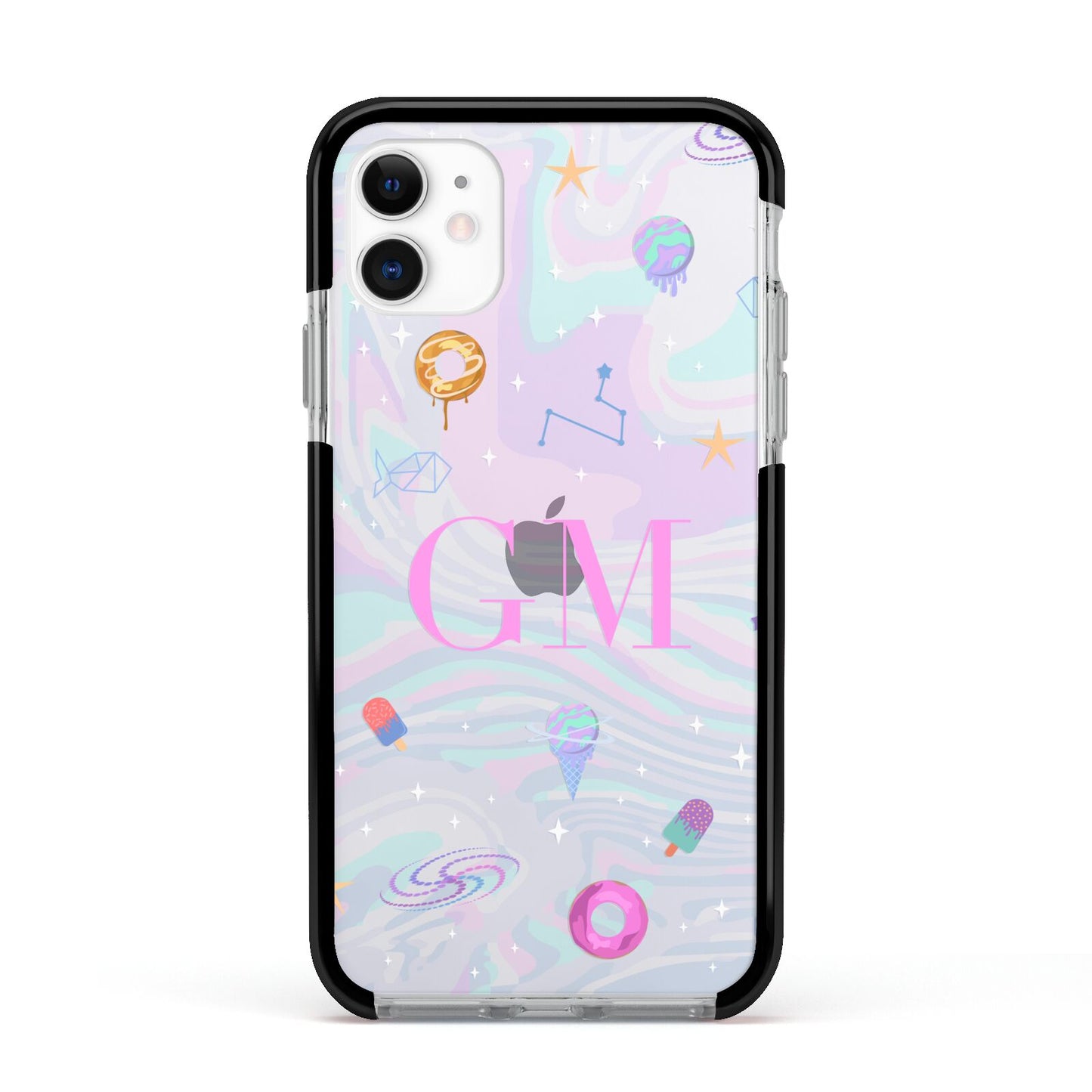 Inky Galactic Scene Personalised Initials Apple iPhone 11 in White with Black Impact Case