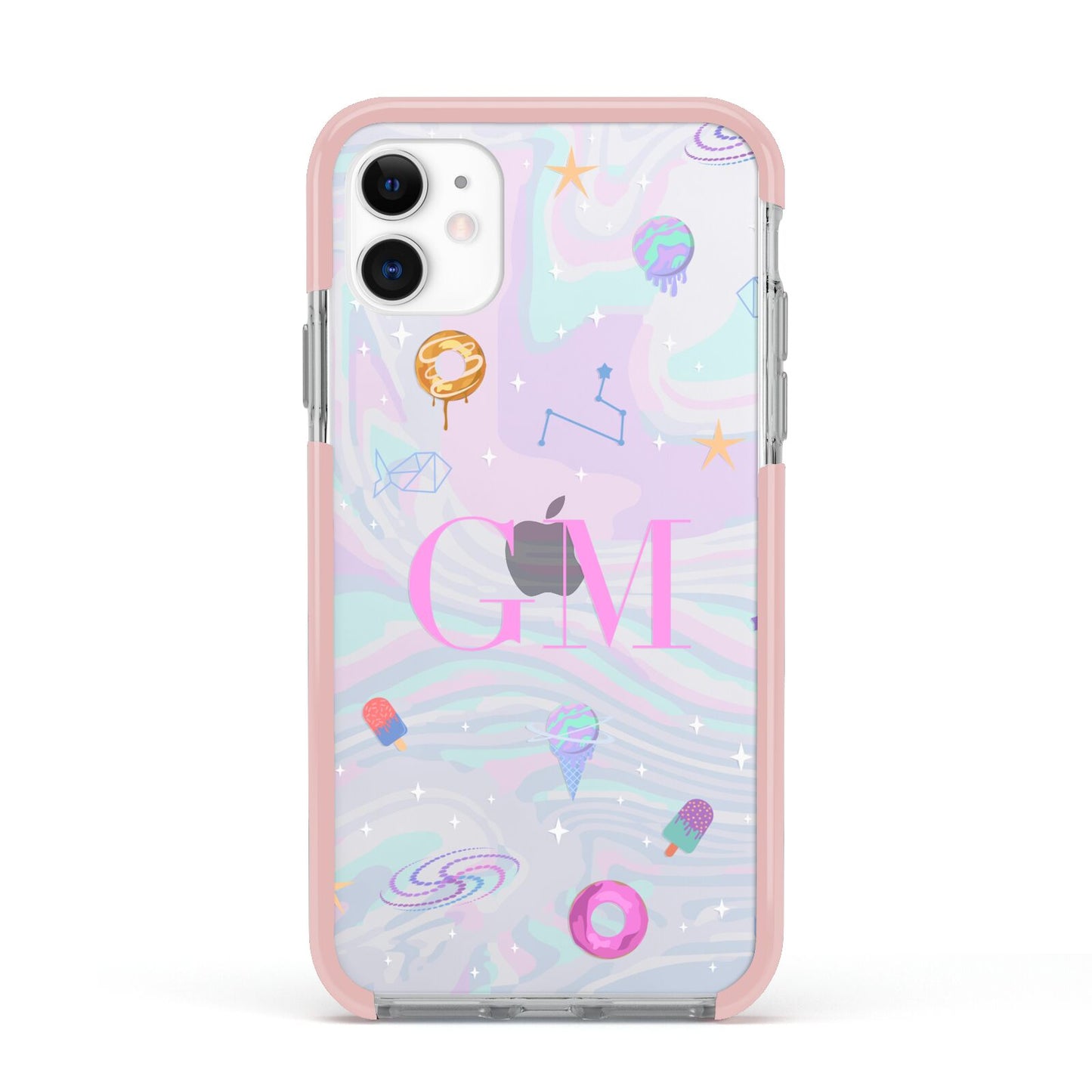 Inky Galactic Scene Personalised Initials Apple iPhone 11 in White with Pink Impact Case