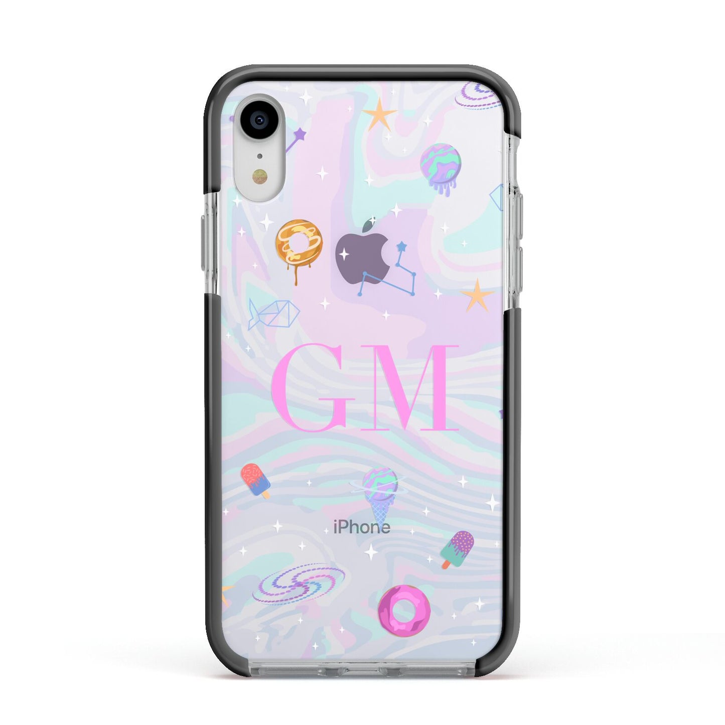 Inky Galactic Scene Personalised Initials Apple iPhone XR Impact Case Black Edge on Silver Phone