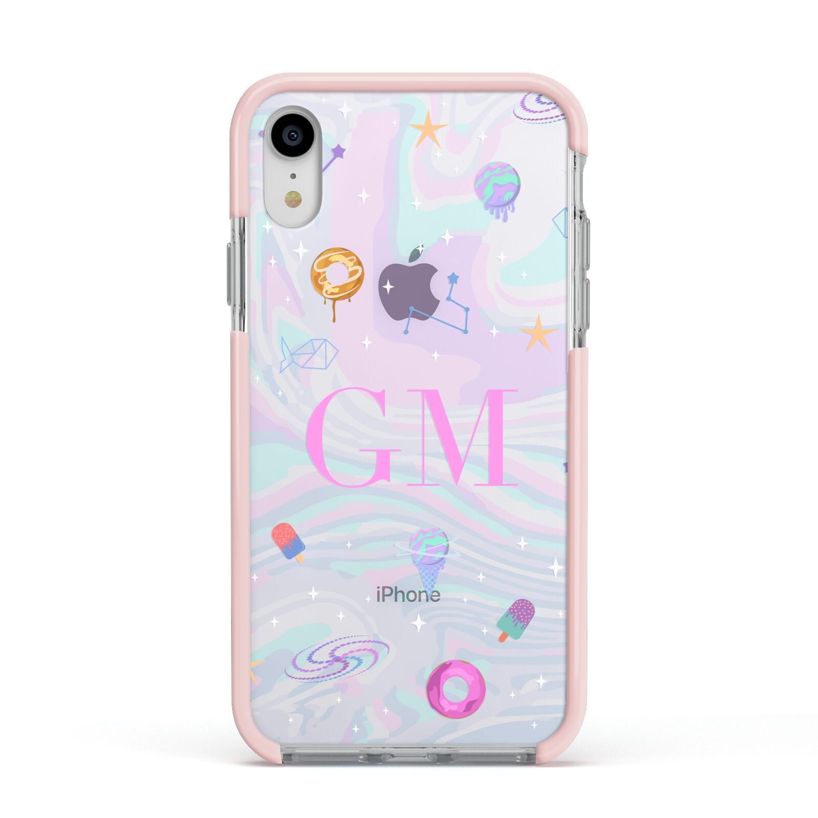 Inky Galactic Scene Personalised Initials Apple iPhone XR Impact Case Pink Edge on Silver Phone