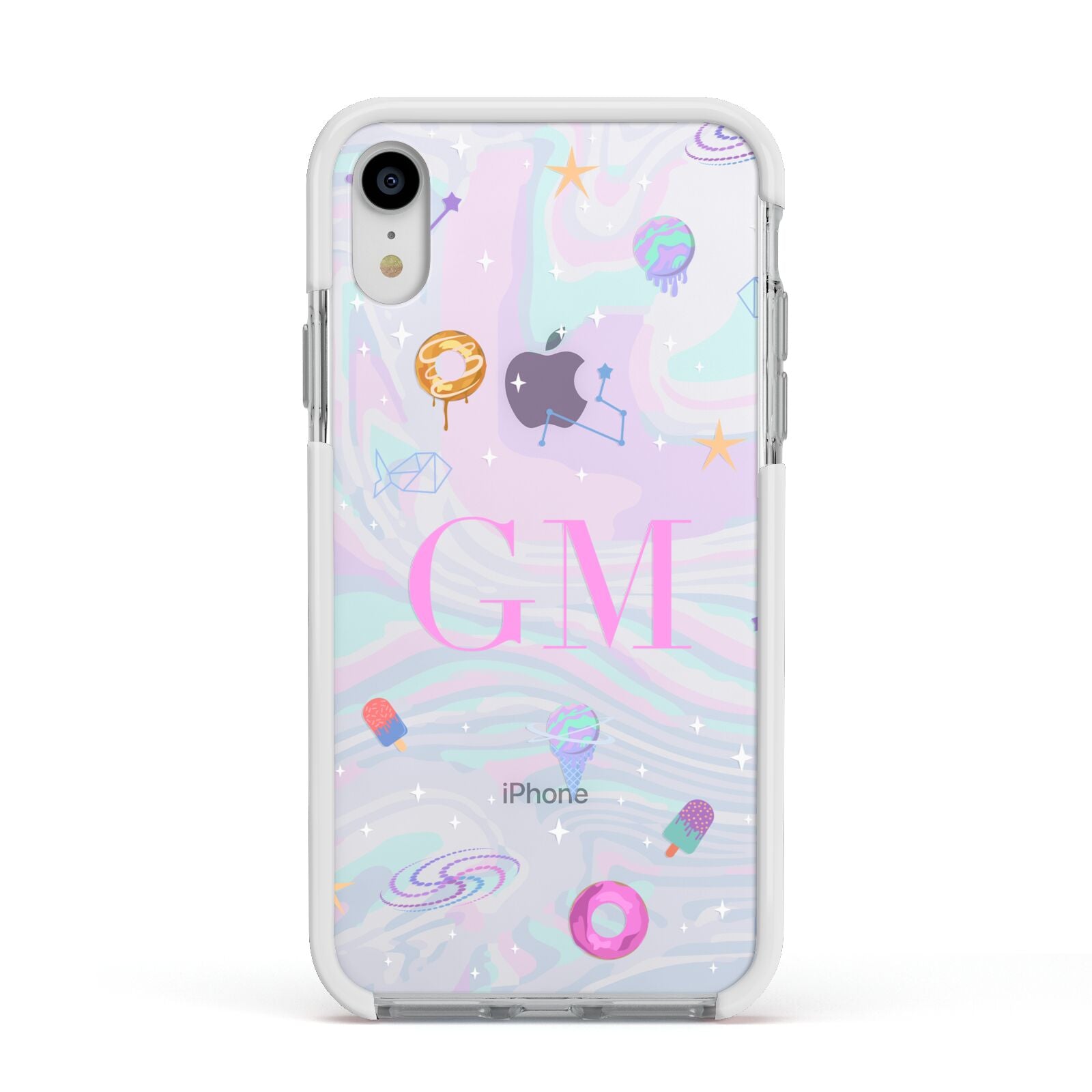 Inky Galactic Scene Personalised Initials Apple iPhone XR Impact Case White Edge on Silver Phone