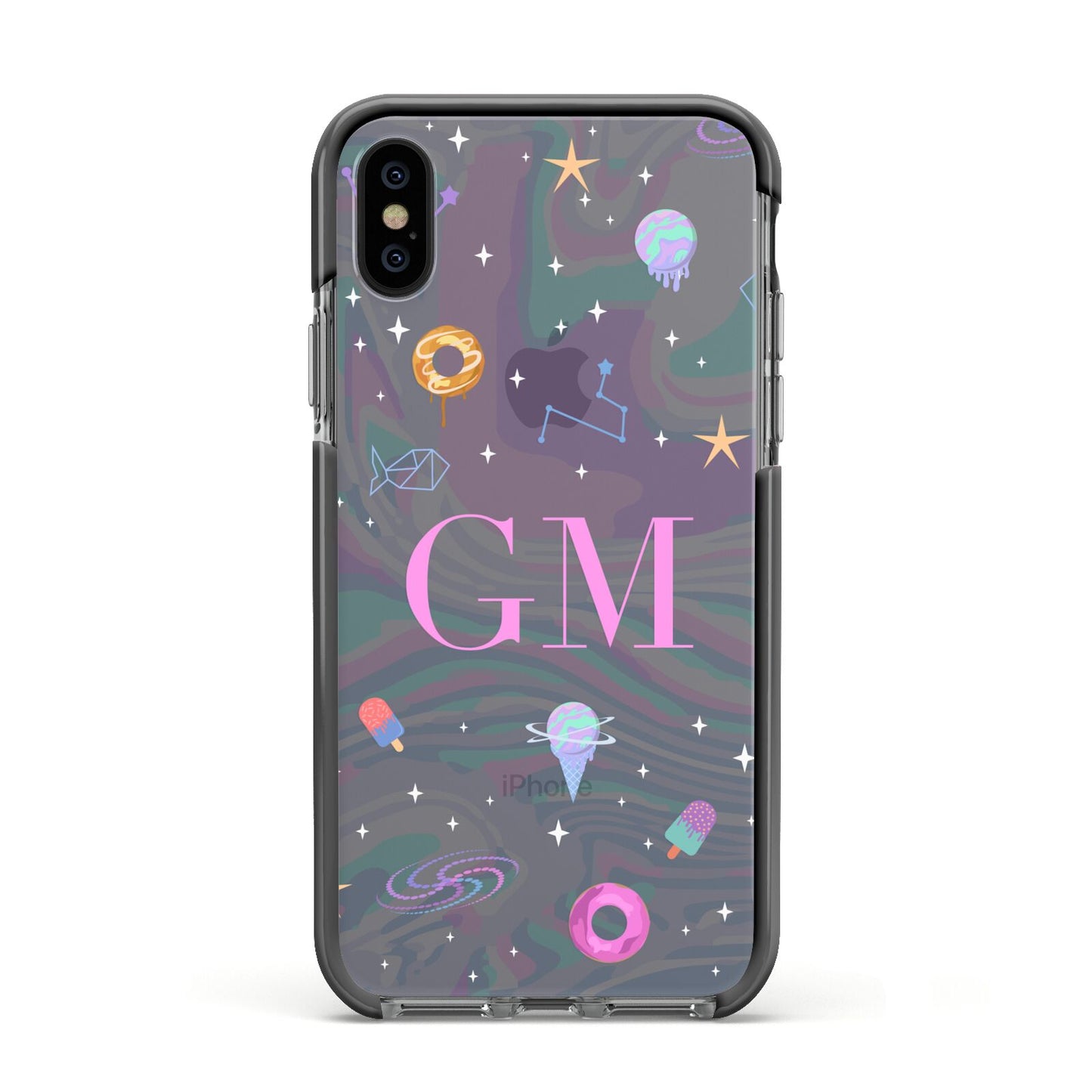 Inky Galactic Scene Personalised Initials Apple iPhone Xs Impact Case Black Edge on Black Phone