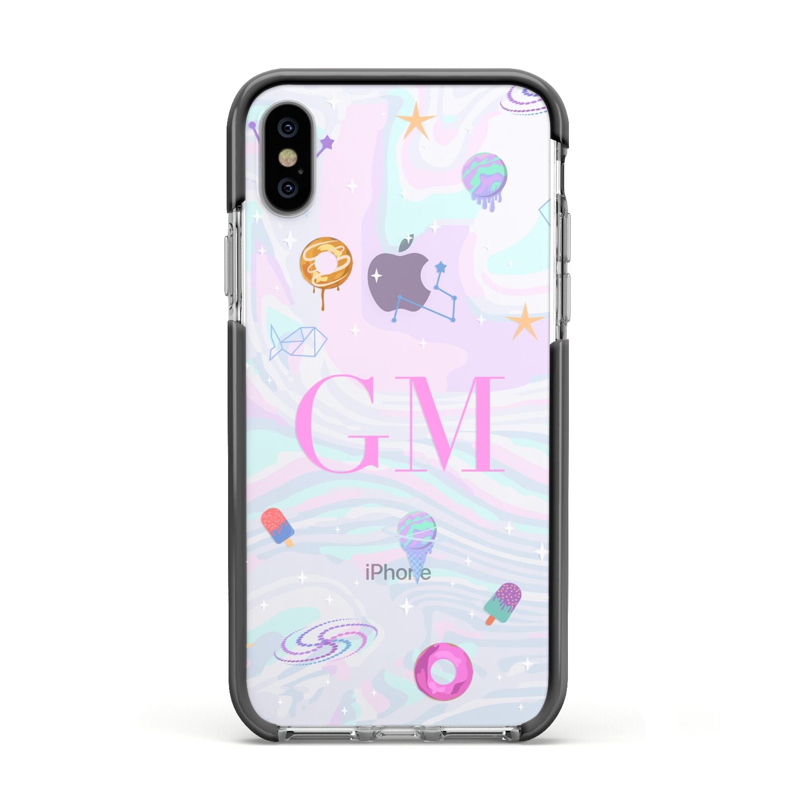 Inky Galactic Scene Personalised Initials Apple iPhone Xs Impact Case Black Edge on Silver Phone
