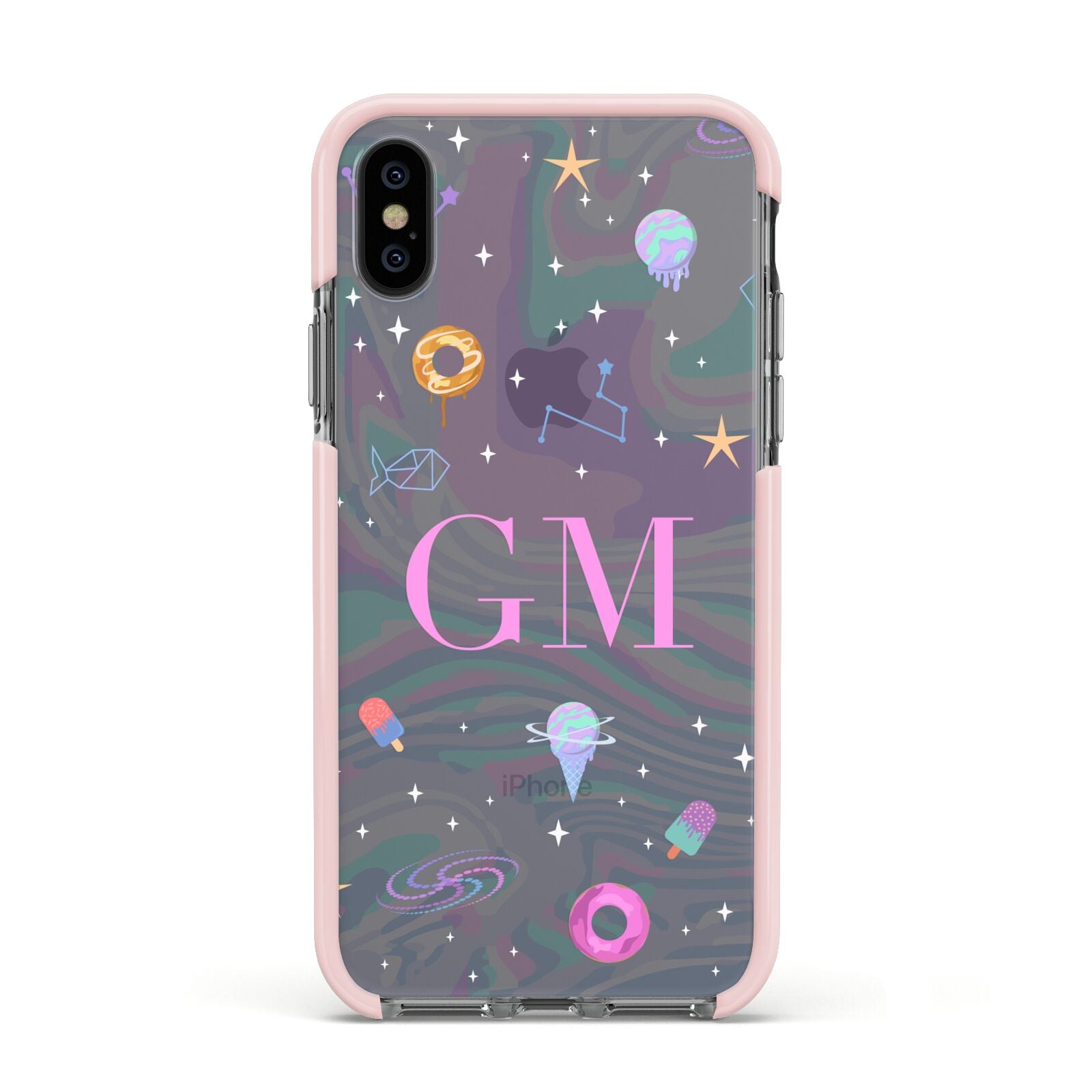 Inky Galactic Scene Personalised Initials Apple iPhone Xs Impact Case Pink Edge on Black Phone