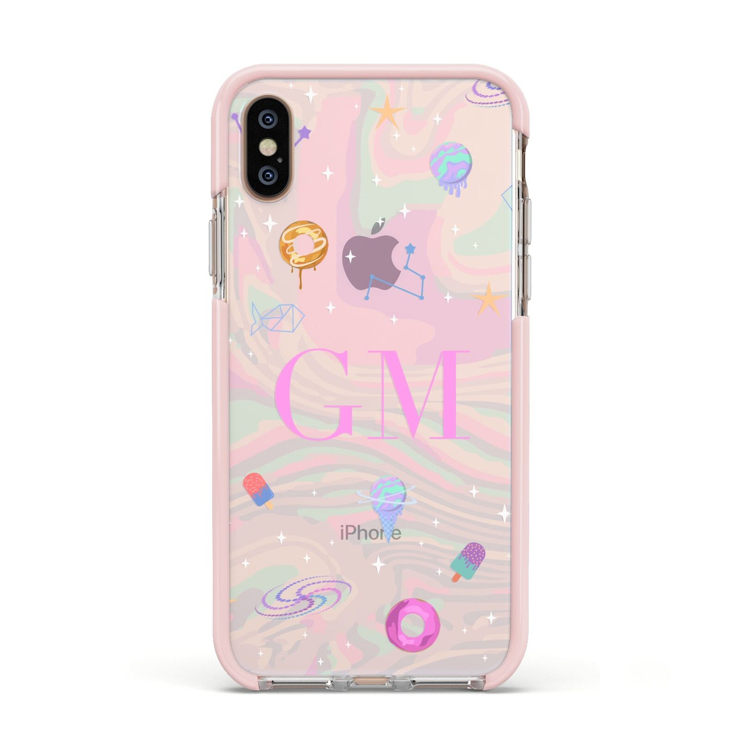 Inky Galactic Scene Personalised Initials Apple iPhone Xs Impact Case Pink Edge on Gold Phone