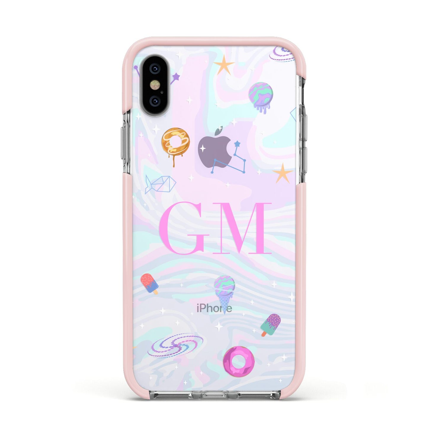 Inky Galactic Scene Personalised Initials Apple iPhone Xs Impact Case Pink Edge on Silver Phone