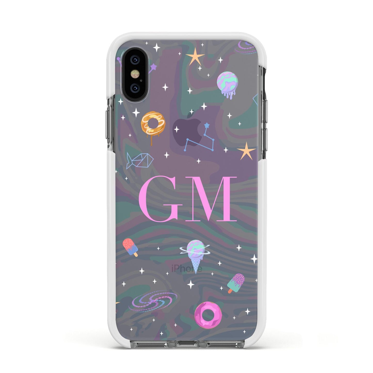 Inky Galactic Scene Personalised Initials Apple iPhone Xs Impact Case White Edge on Black Phone