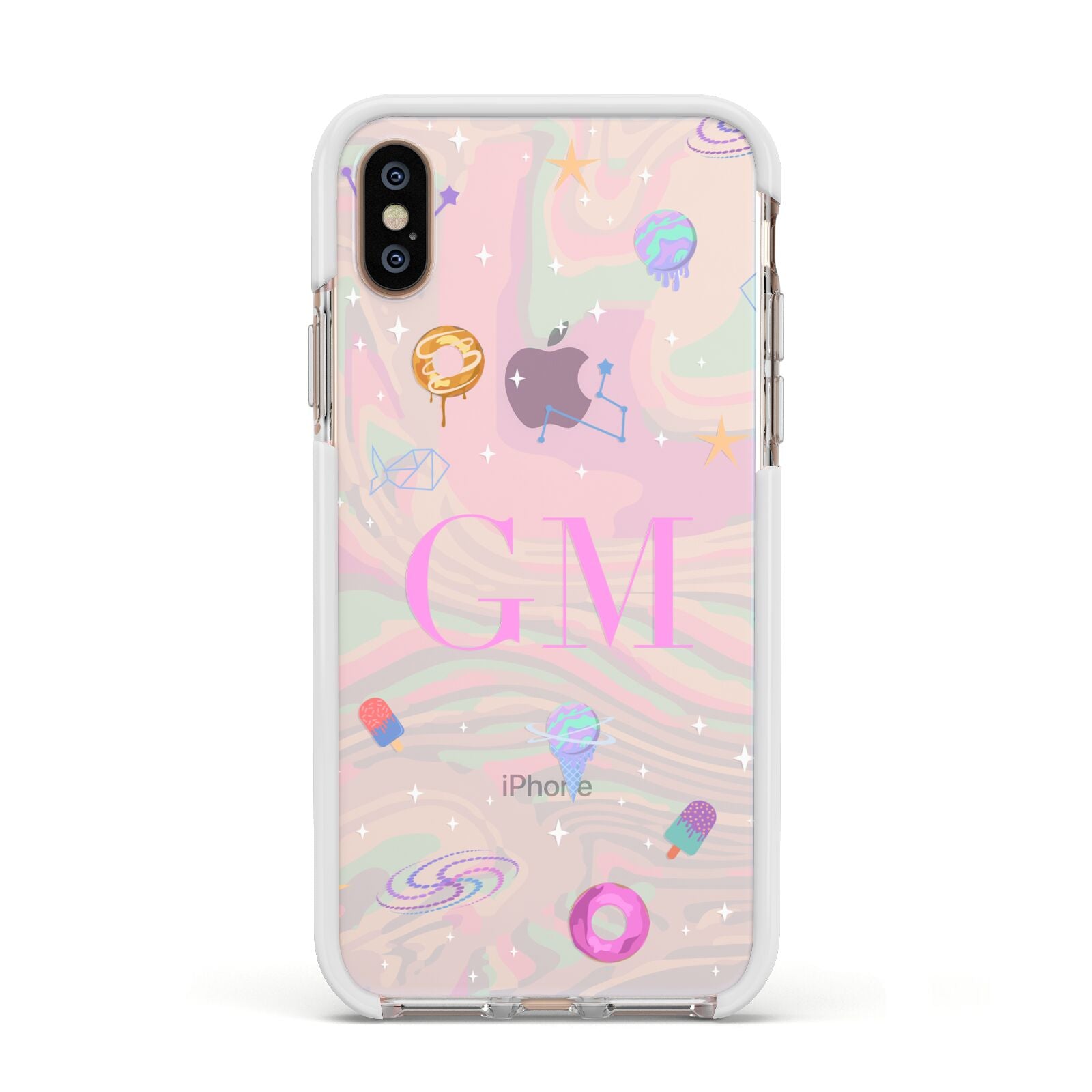 Inky Galactic Scene Personalised Initials Apple iPhone Xs Impact Case White Edge on Gold Phone