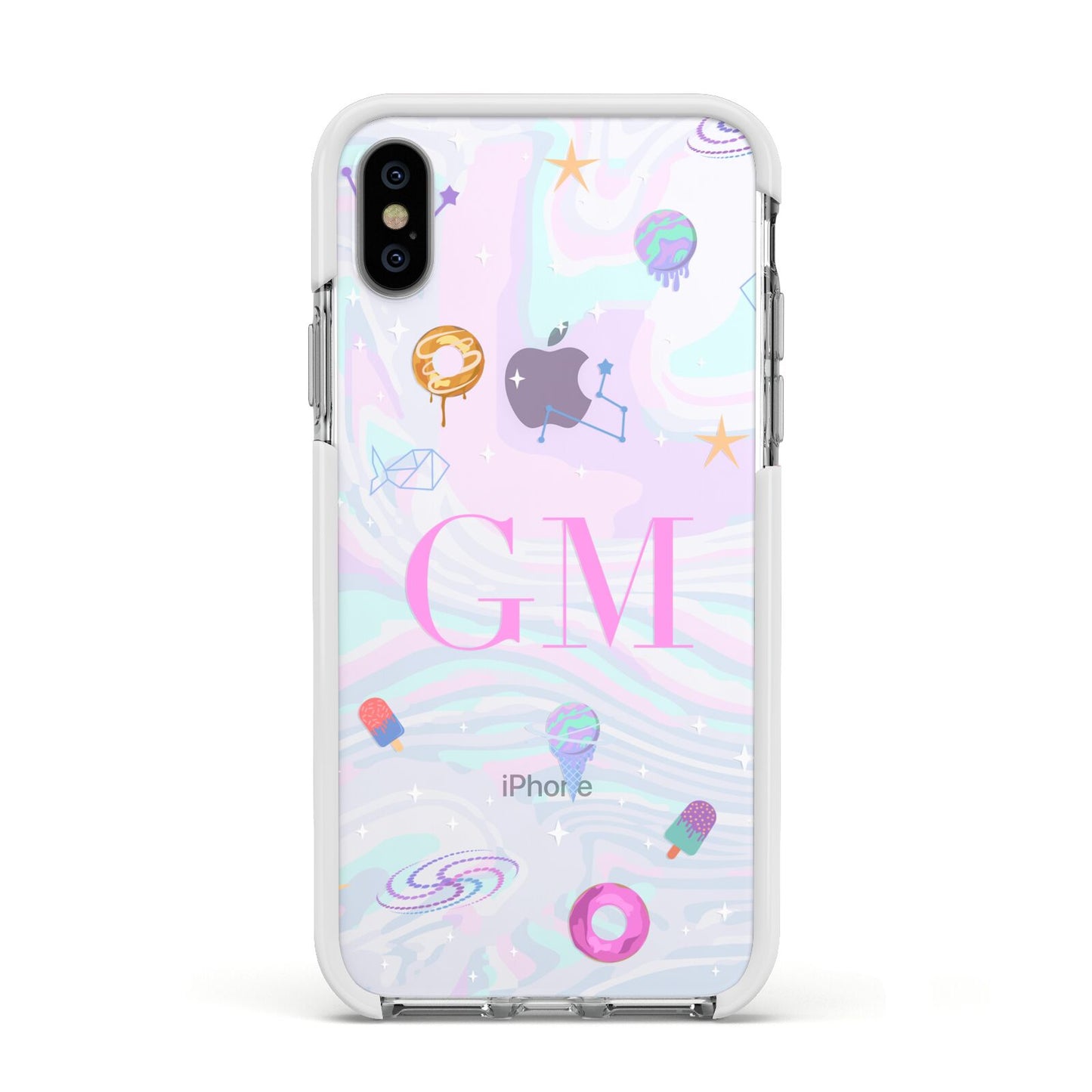 Inky Galactic Scene Personalised Initials Apple iPhone Xs Impact Case White Edge on Silver Phone