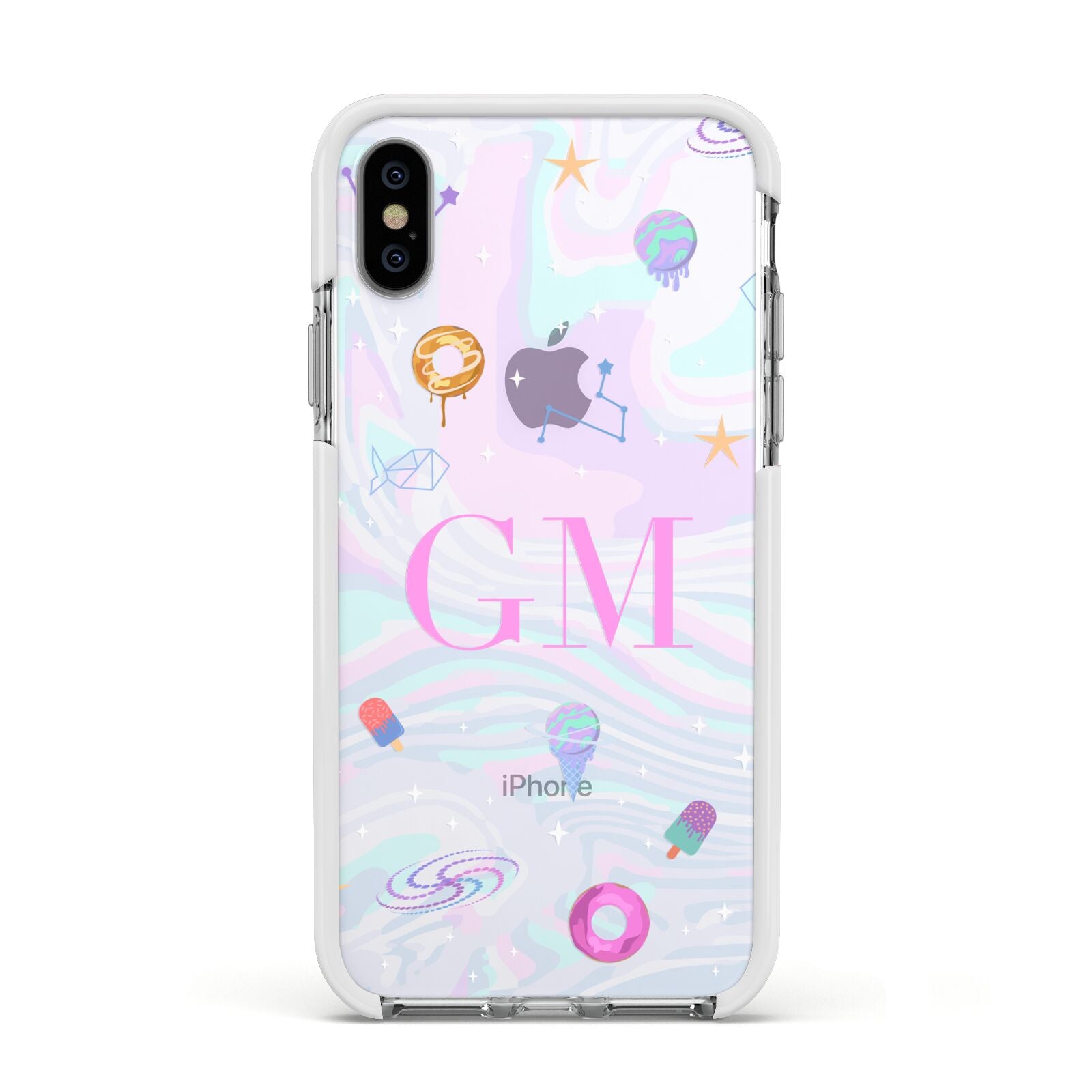 Inky Galactic Scene Personalised Initials Apple iPhone Xs Impact Case White Edge on Silver Phone