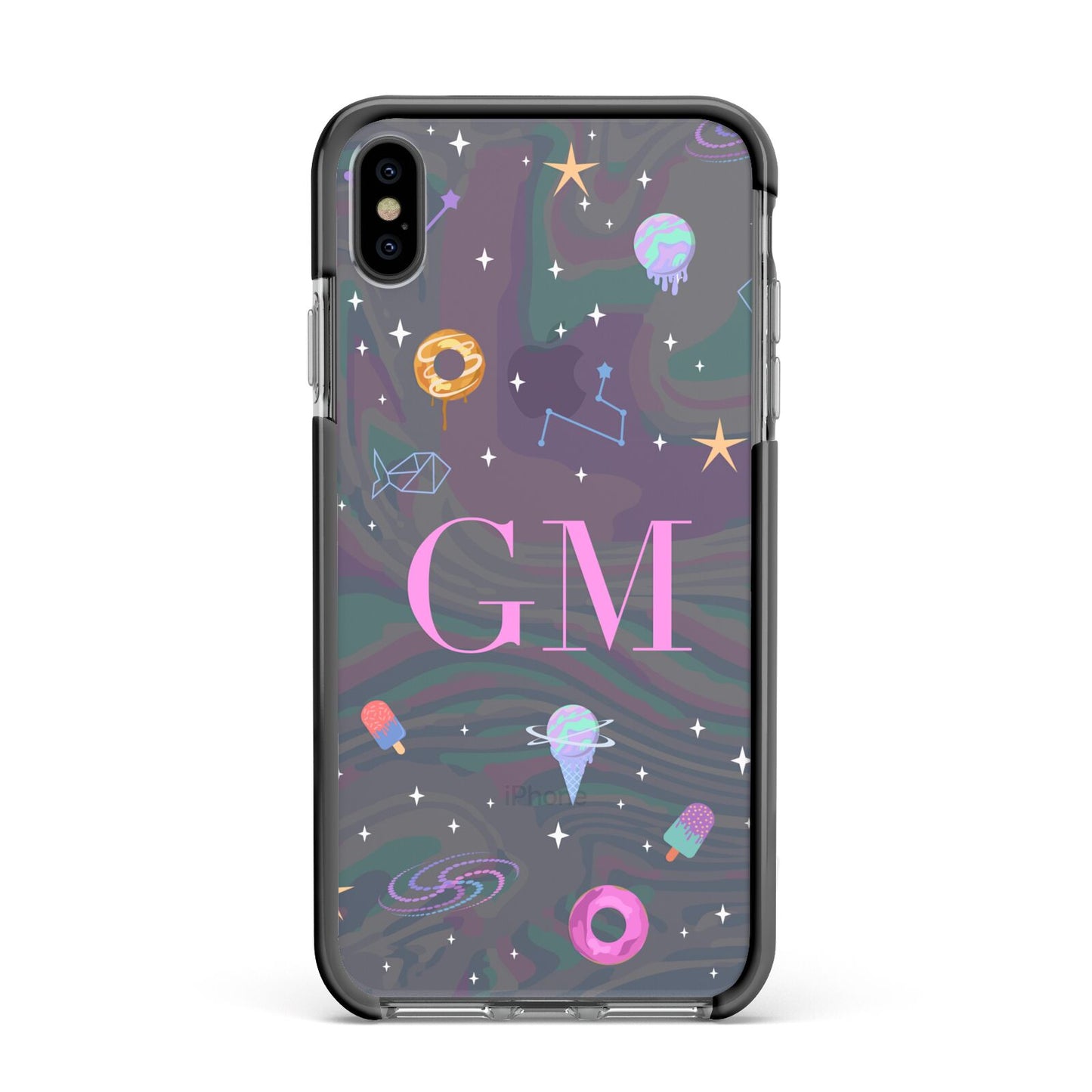 Inky Galactic Scene Personalised Initials Apple iPhone Xs Max Impact Case Black Edge on Black Phone