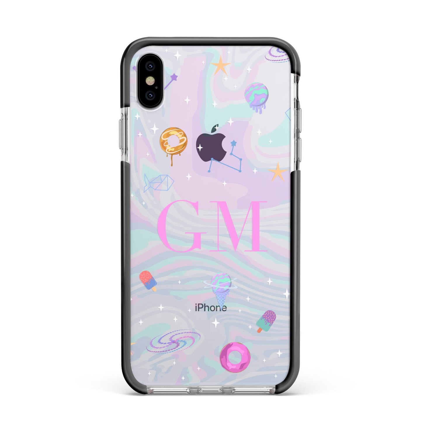 Inky Galactic Scene Personalised Initials Apple iPhone Xs Max Impact Case Black Edge on Silver Phone