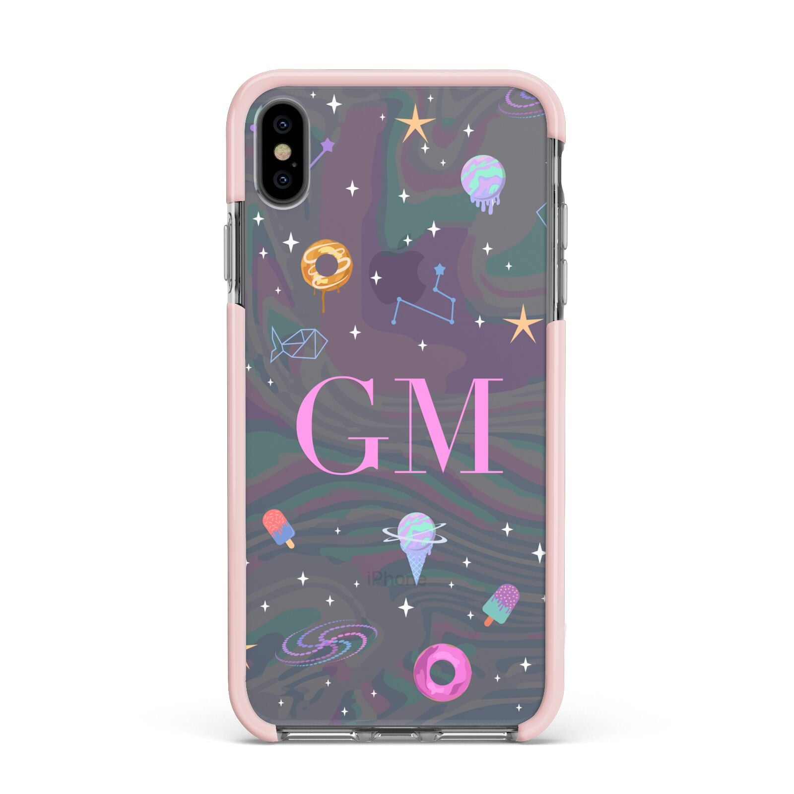 Inky Galactic Scene Personalised Initials Apple iPhone Xs Max Impact Case Pink Edge on Black Phone