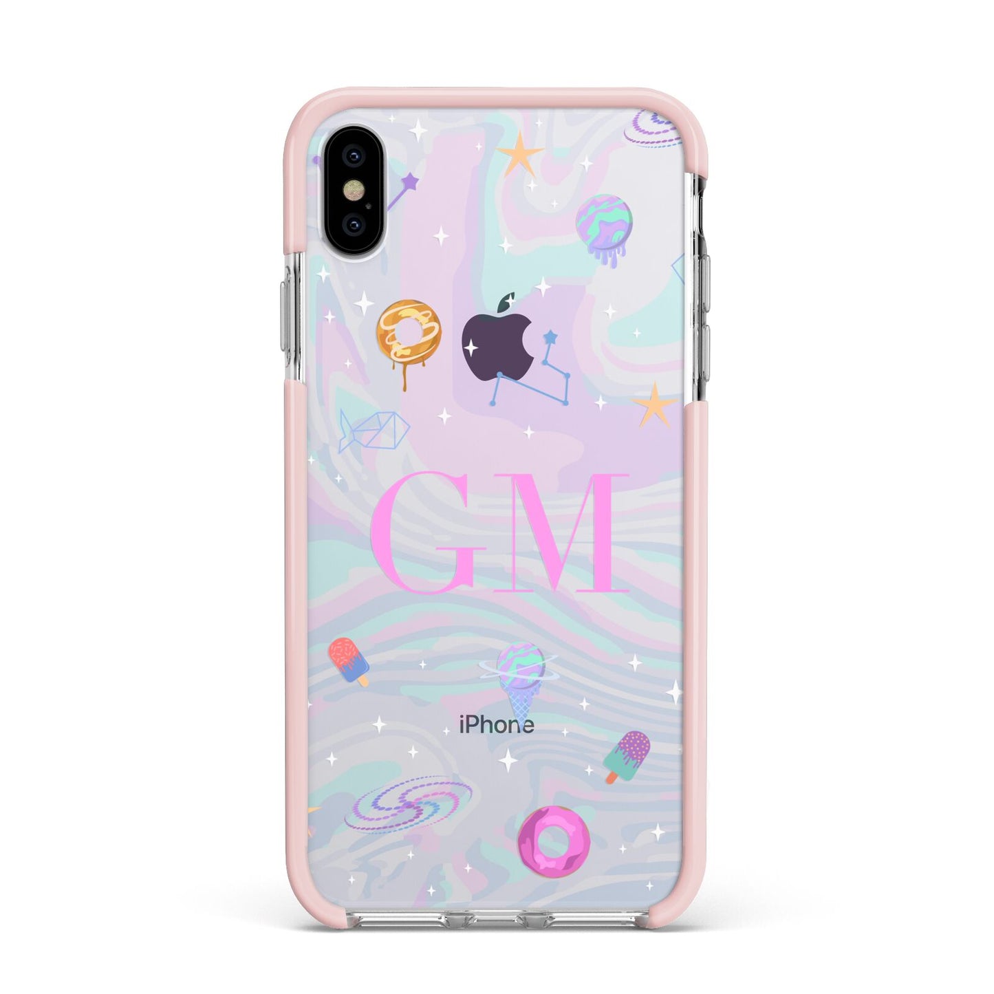 Inky Galactic Scene Personalised Initials Apple iPhone Xs Max Impact Case Pink Edge on Silver Phone