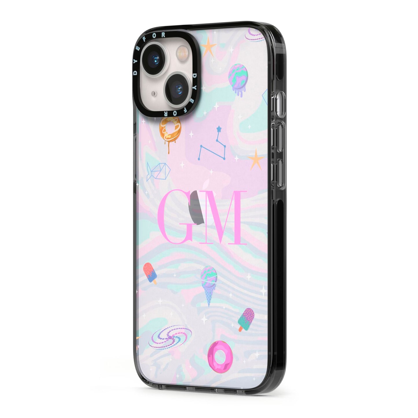 Inky Galactic Scene Personalised Initials iPhone 13 Black Impact Case Side Angle on Silver phone