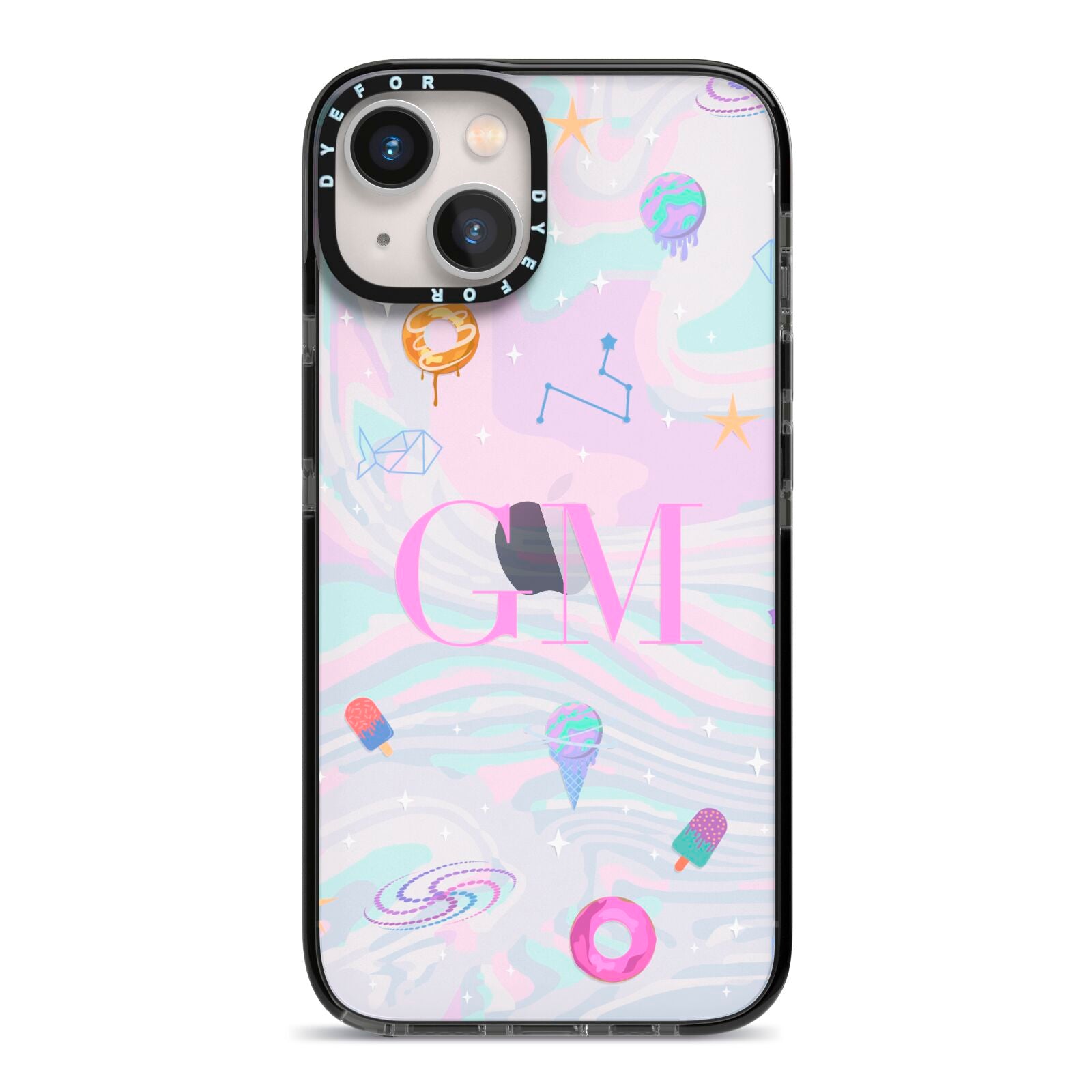 Inky Galactic Scene Personalised Initials iPhone 13 Black Impact Case on Silver phone