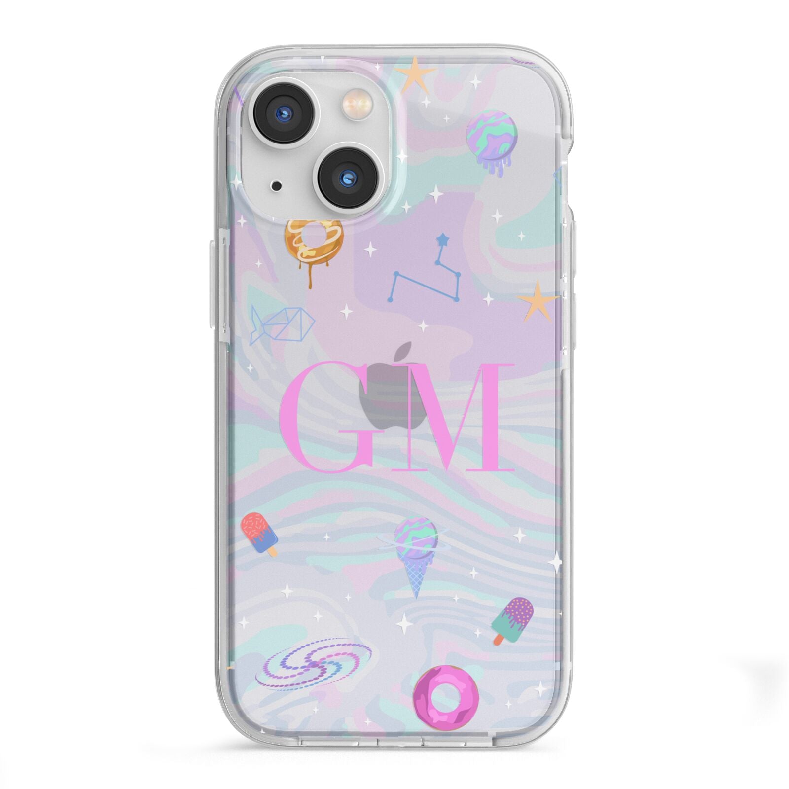 Inky Galactic Scene Personalised Initials iPhone 13 Mini TPU Impact Case with White Edges