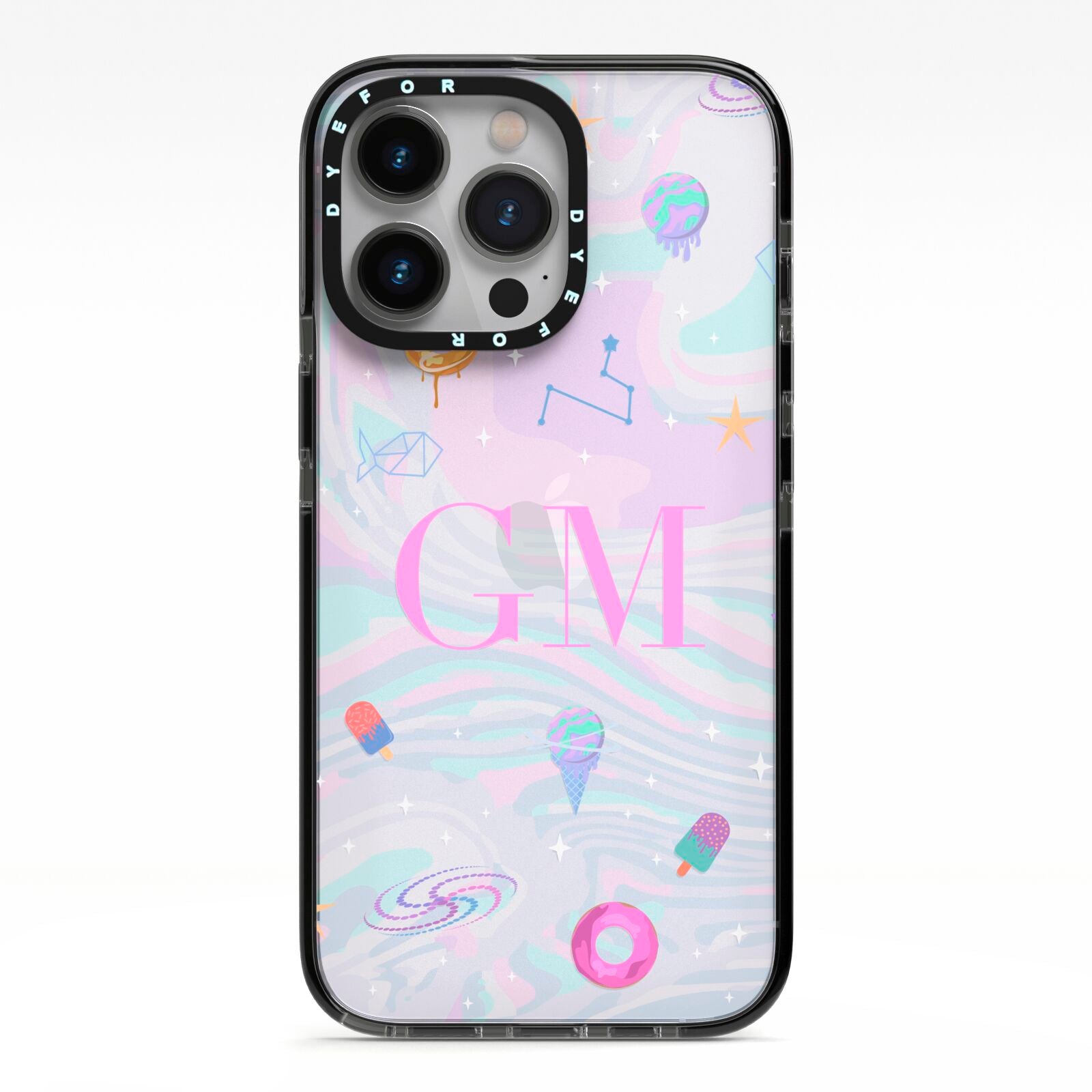Inky Galactic Scene Personalised Initials iPhone 13 Pro Black Impact Case on Silver phone