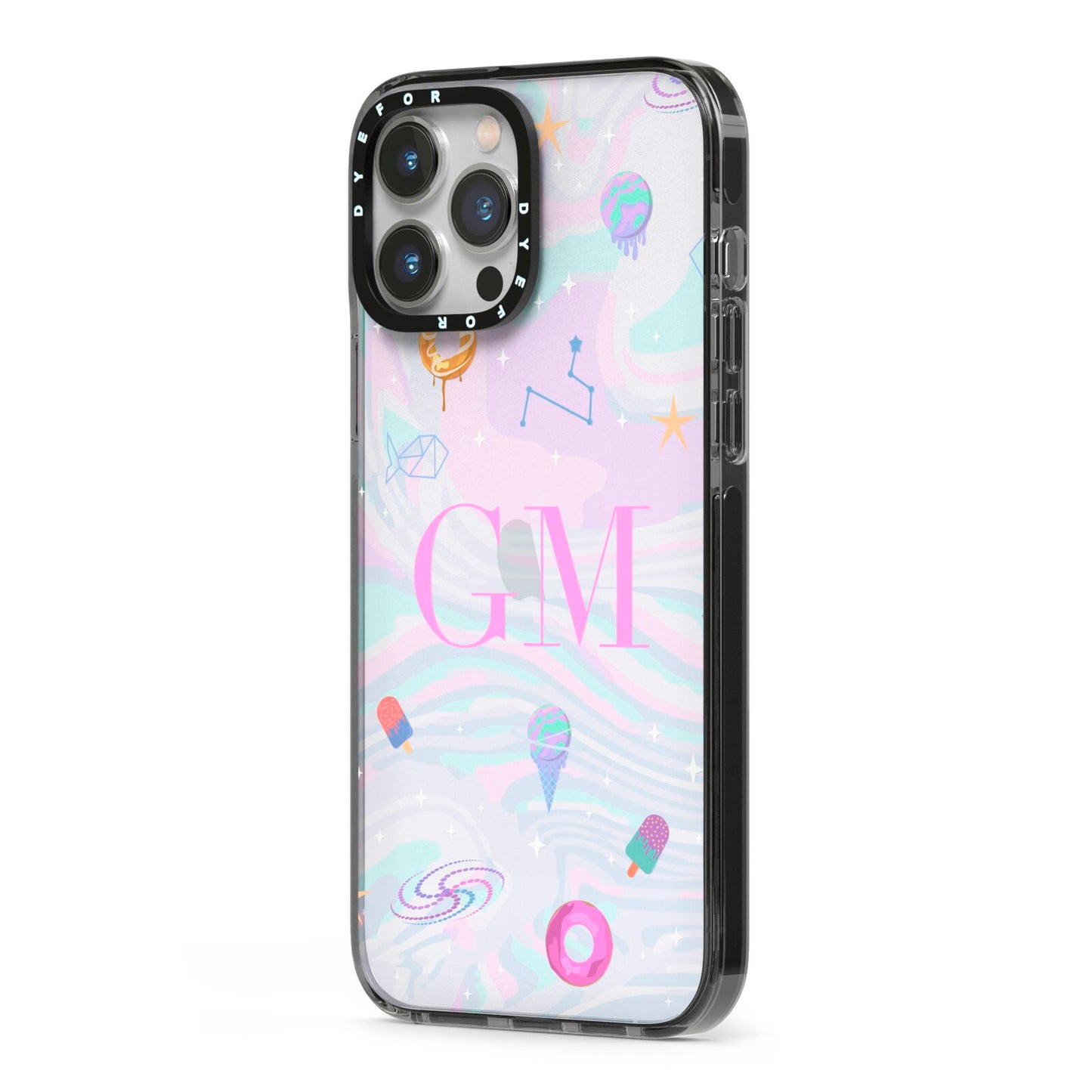 Inky Galactic Scene Personalised Initials iPhone 13 Pro Max Black Impact Case Side Angle on Silver phone