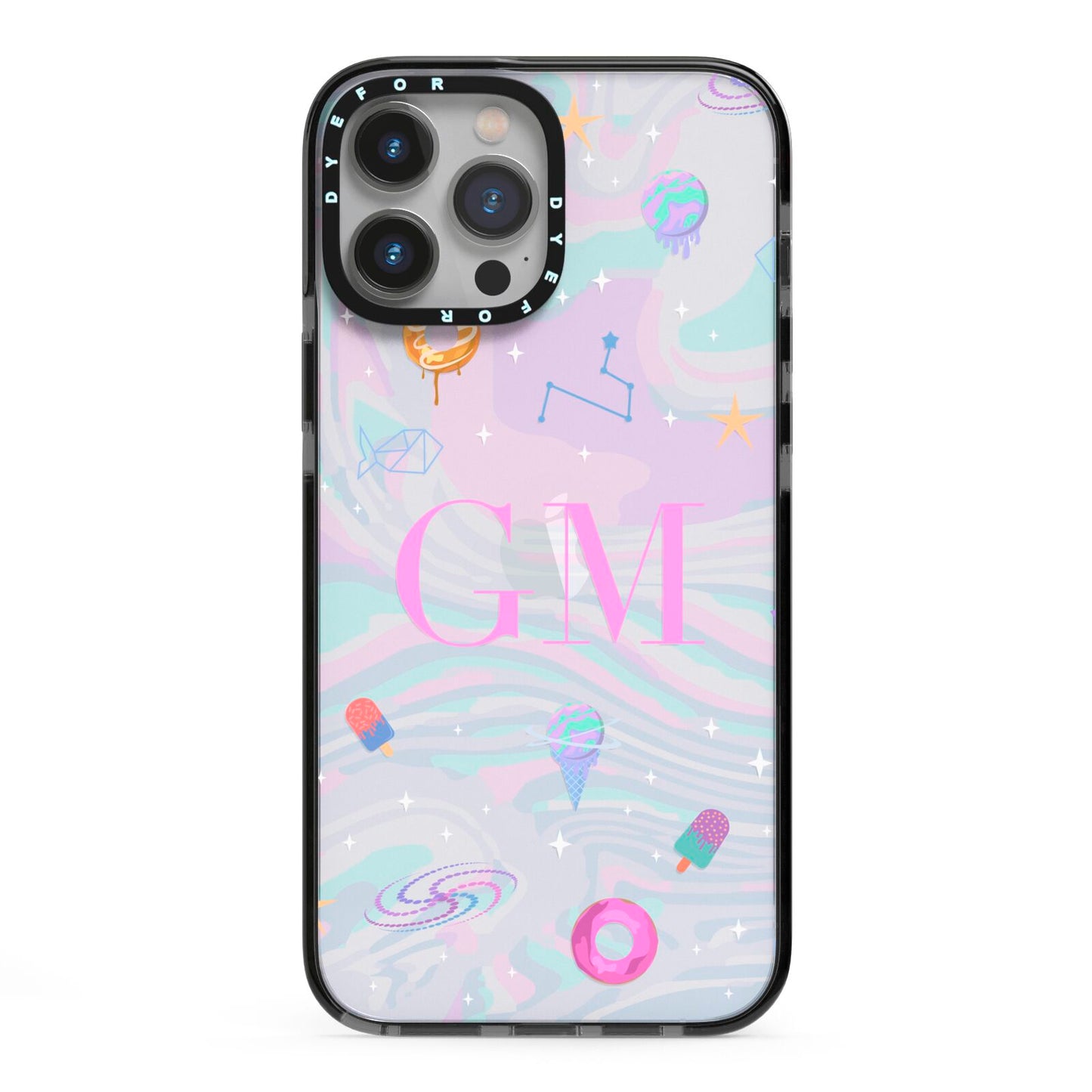 Inky Galactic Scene Personalised Initials iPhone 13 Pro Max Black Impact Case on Silver phone