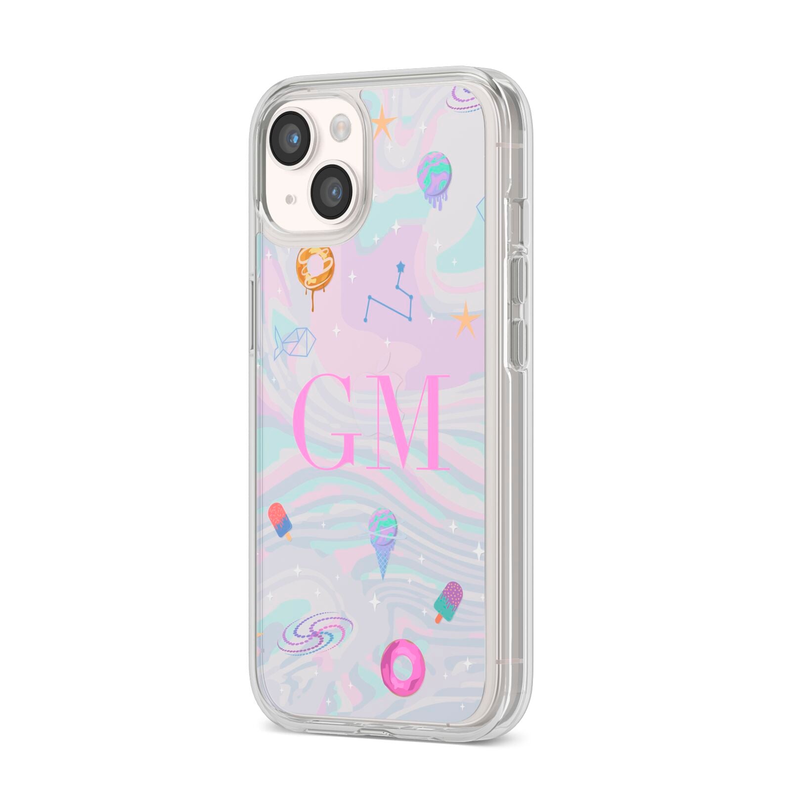 Inky Galactic Scene Personalised Initials iPhone 14 Clear Tough Case Starlight Angled Image