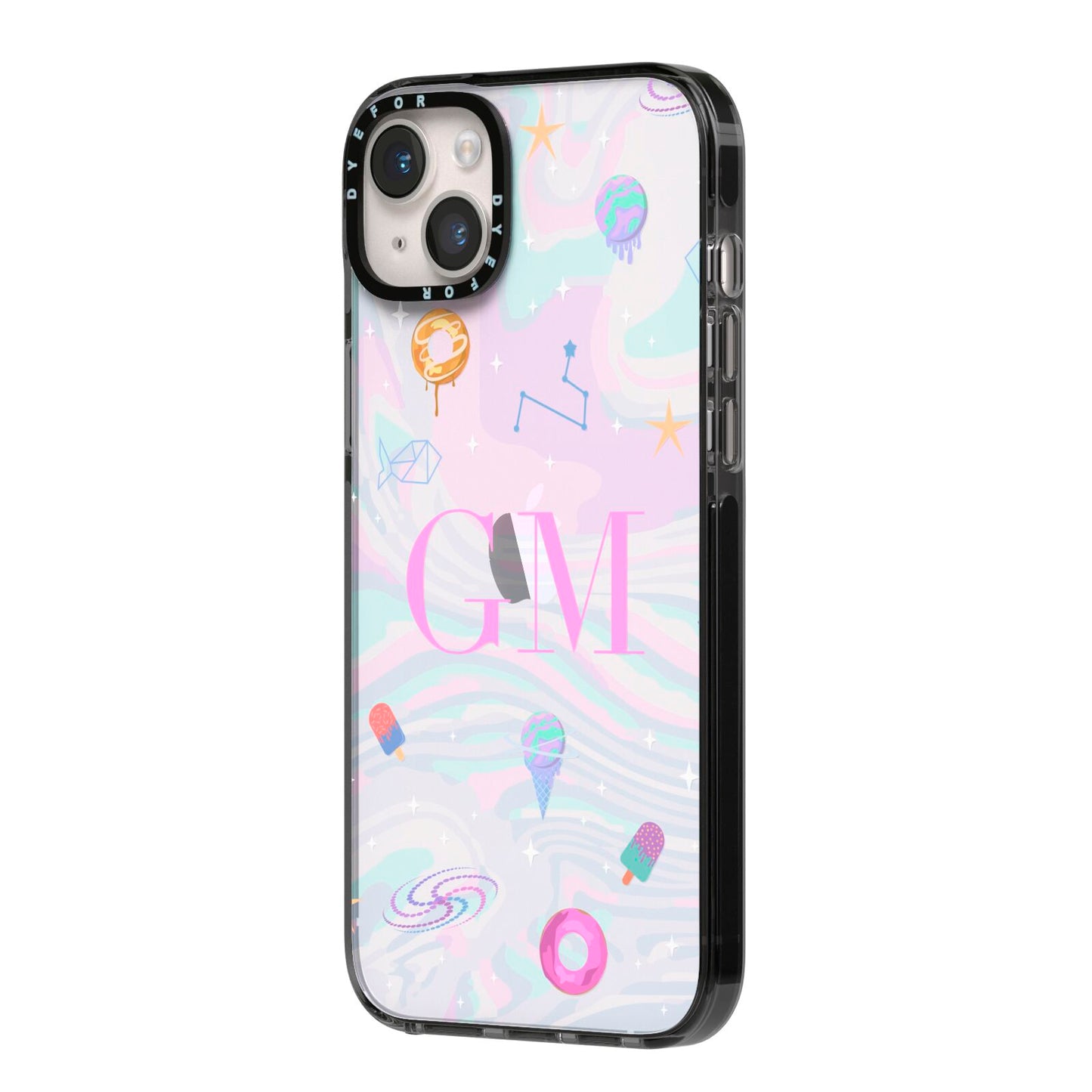Inky Galactic Scene Personalised Initials iPhone 14 Plus Black Impact Case Side Angle on Silver phone