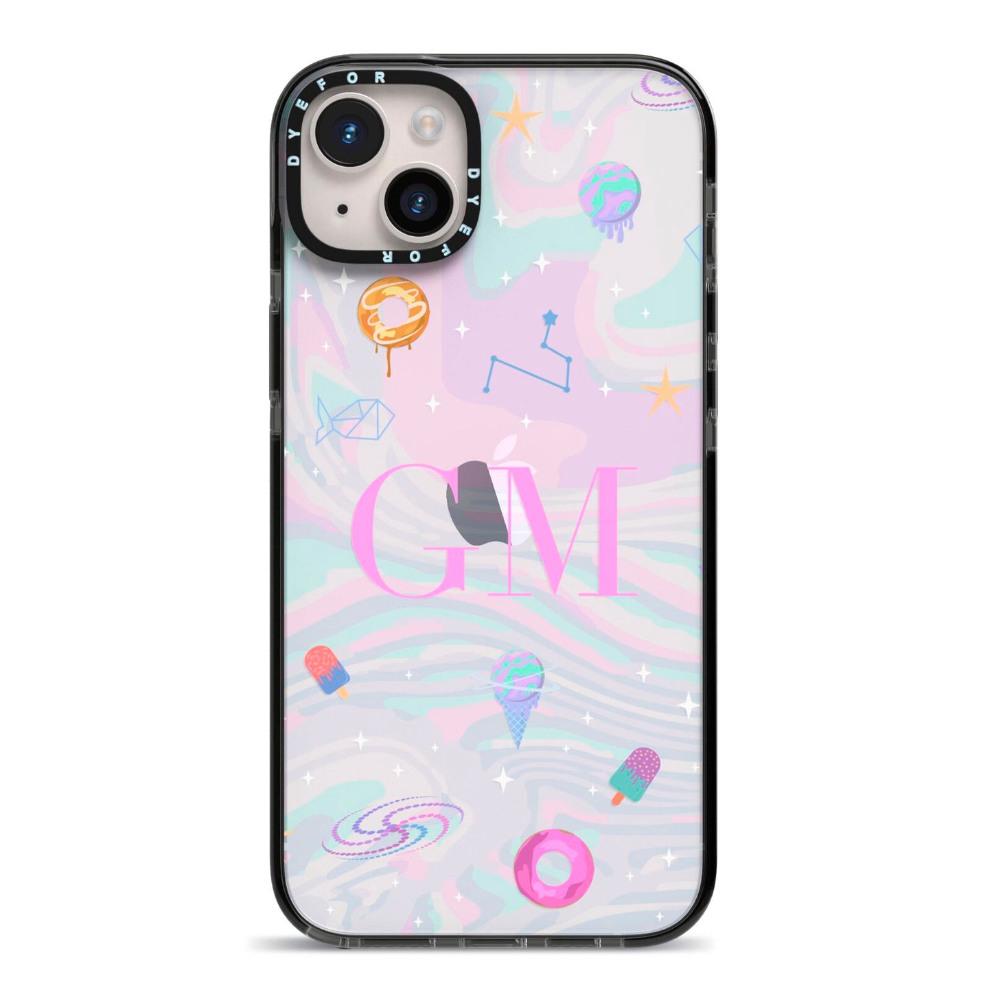 Inky Galactic Scene Personalised Initials iPhone 14 Plus Black Impact Case on Silver phone