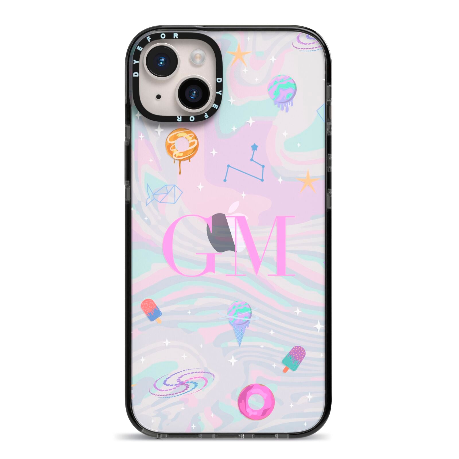 Inky Galactic Scene Personalised Initials iPhone 14 Plus Black Impact Case on Silver phone